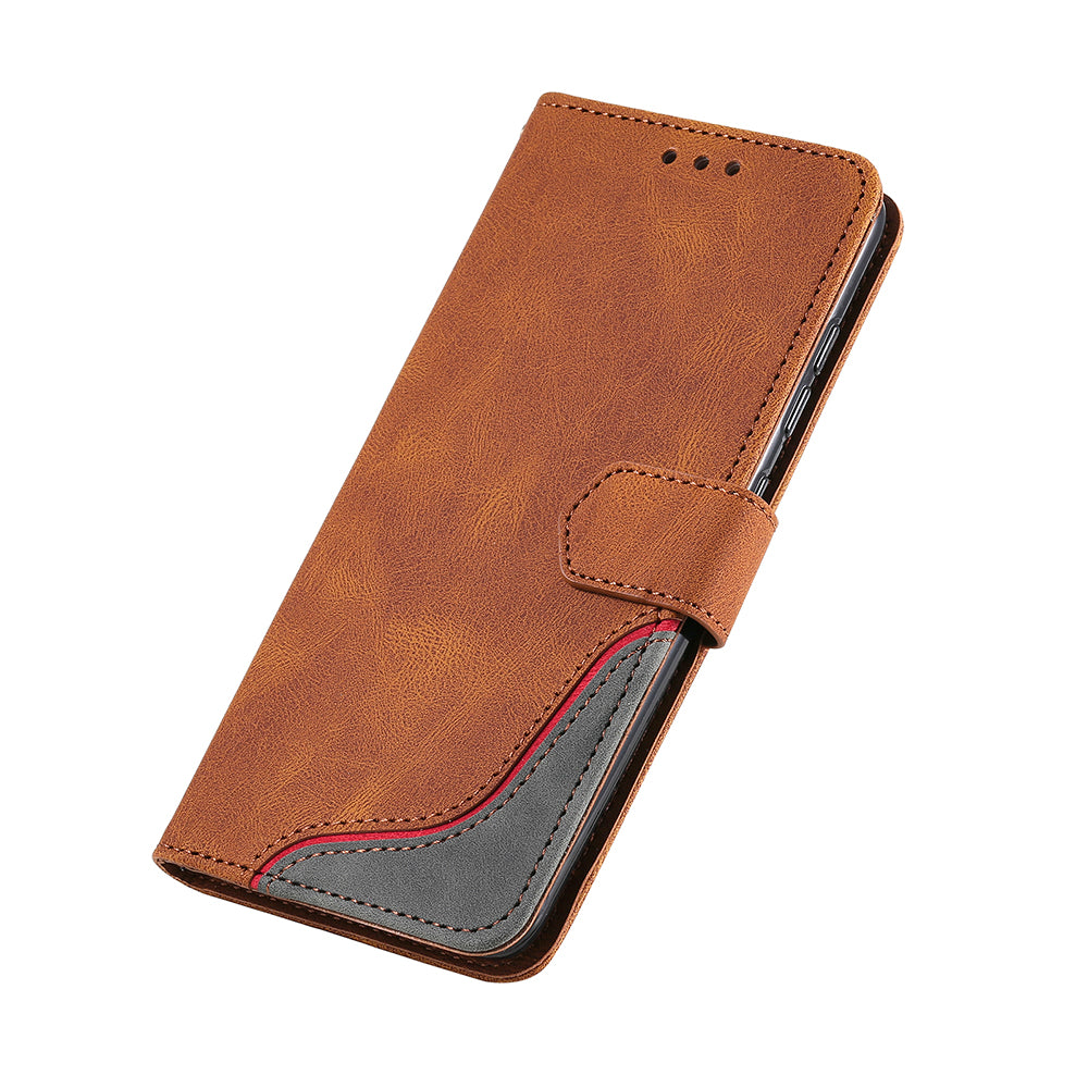 Skin-Feel Tri-Color Splicing PU Leather Wallet Phone Case Stand Cover for Samsung Galaxy S20 FE 2022/S20 FE 4G/S20 FE 5G/S20 Lite - Brown