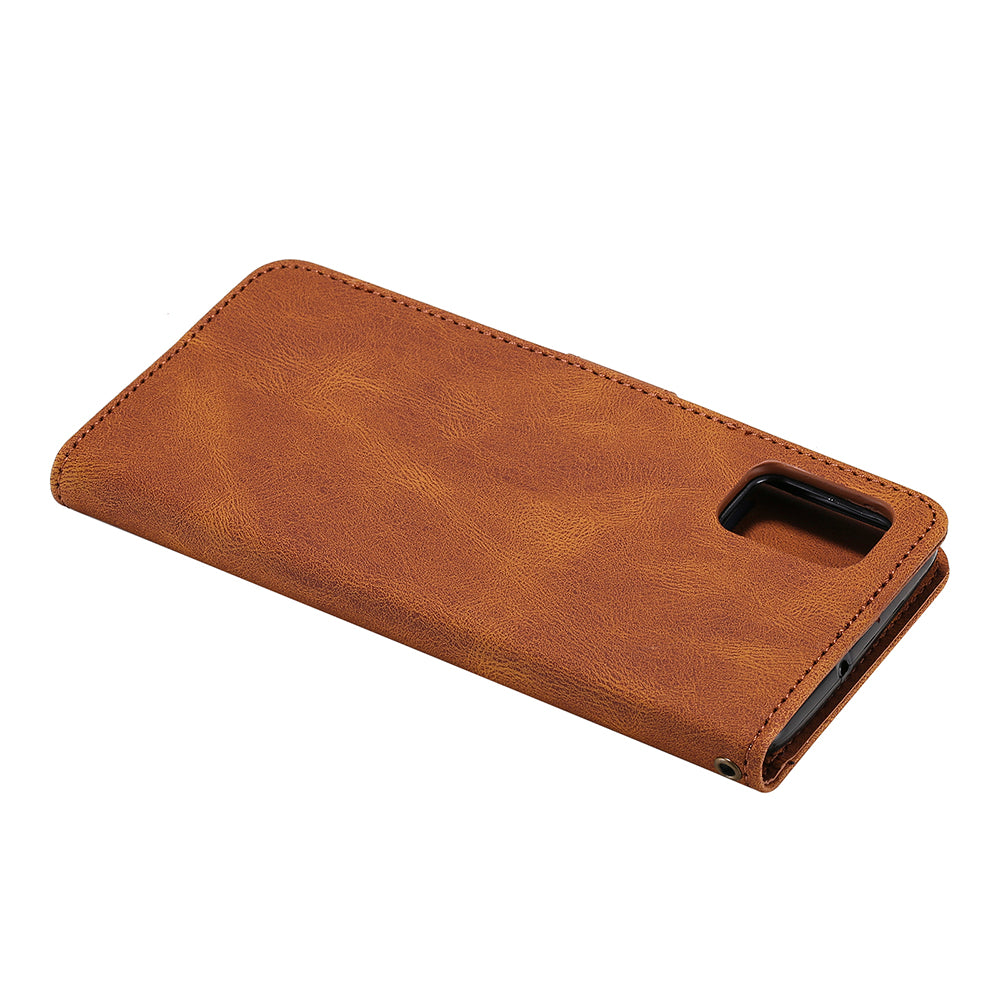 Skin-Feel Tri-Color Splicing PU Leather Wallet Phone Case Stand Cover for Samsung Galaxy S20 FE 2022/S20 FE 4G/S20 FE 5G/S20 Lite - Brown