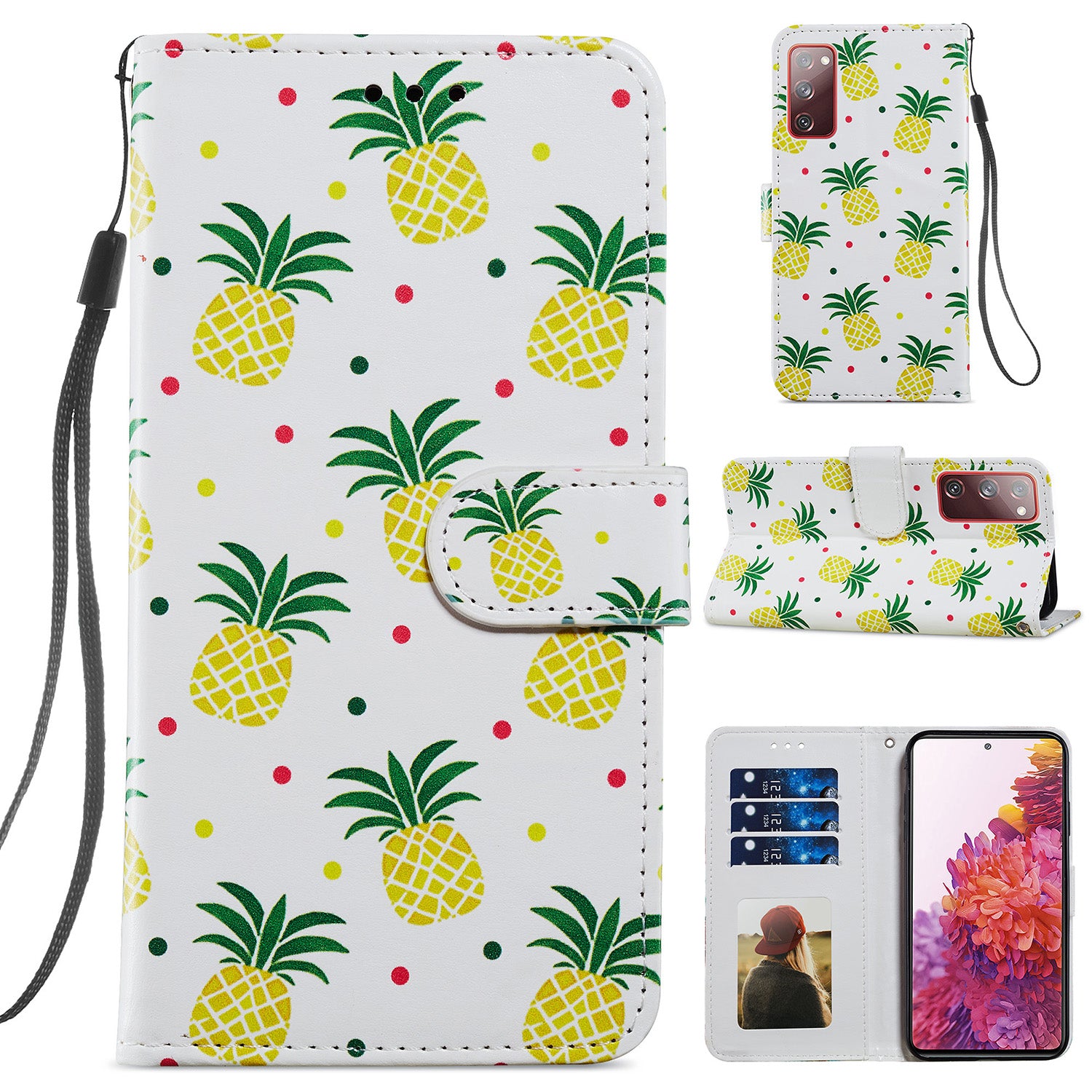 Pattern Printing Design PU Leather Folio Flip Case with Card Holder Slots & Wrist Strap for Samsung Galaxy S20 FE 2022/S20 FE 4G/S20 FE 5G/S20 Lite - Pineapple