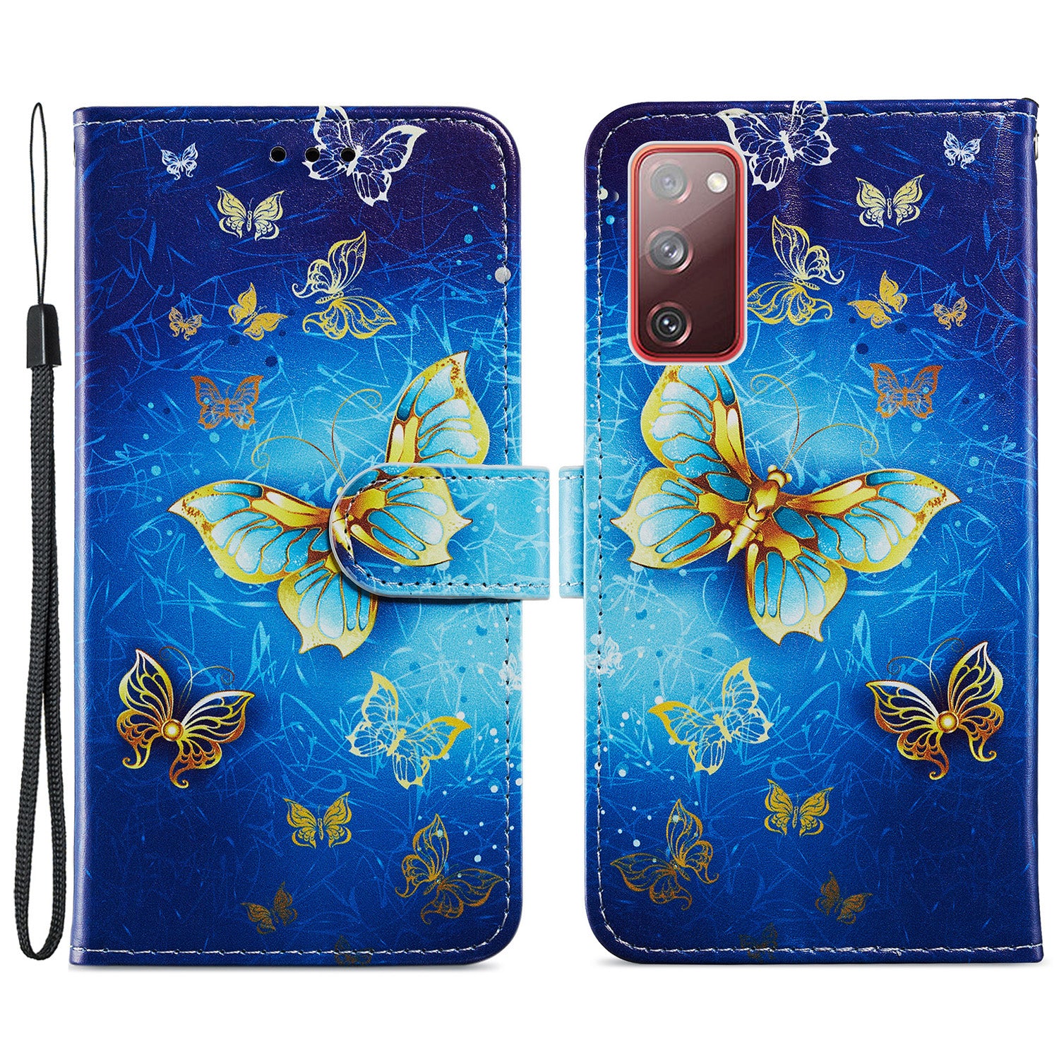 Pattern Printing Design PU Leather Folio Flip Case with Card Holder Slots & Wrist Strap for Samsung Galaxy S20 FE 2022/S20 FE 4G/S20 FE 5G/S20 Lite - Golden Butterfly