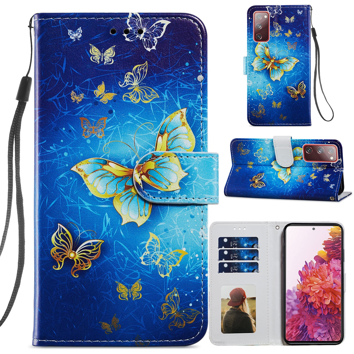 Pattern Printing Design PU Leather Folio Flip Case with Card Holder Slots & Wrist Strap for Samsung Galaxy S20 FE 2022/S20 FE 4G/S20 FE 5G/S20 Lite - Golden Butterfly