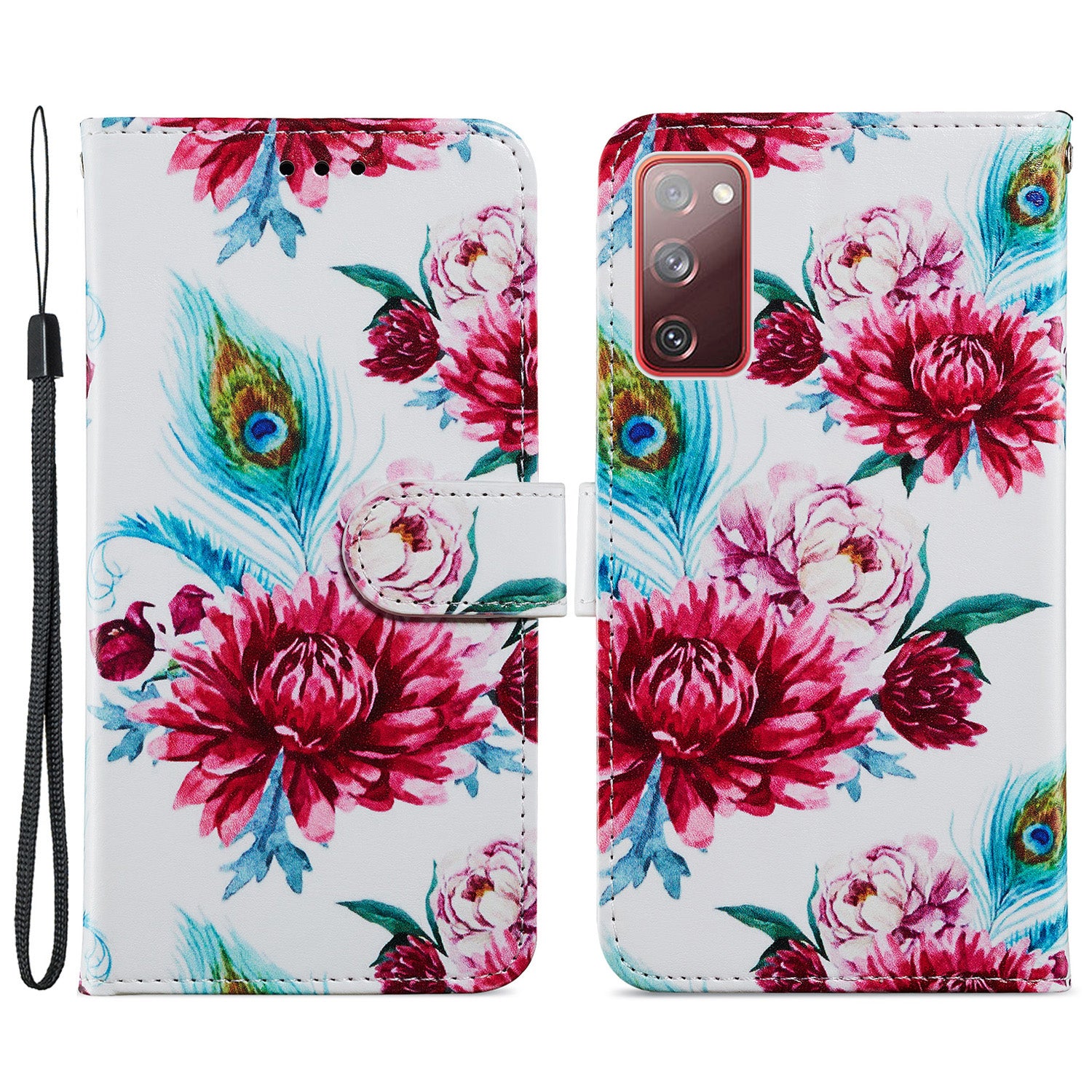 Pattern Printing Design PU Leather Folio Flip Case with Card Holder Slots & Wrist Strap for Samsung Galaxy S20 FE 2022/S20 FE 4G/S20 FE 5G/S20 Lite - Peacock Flower