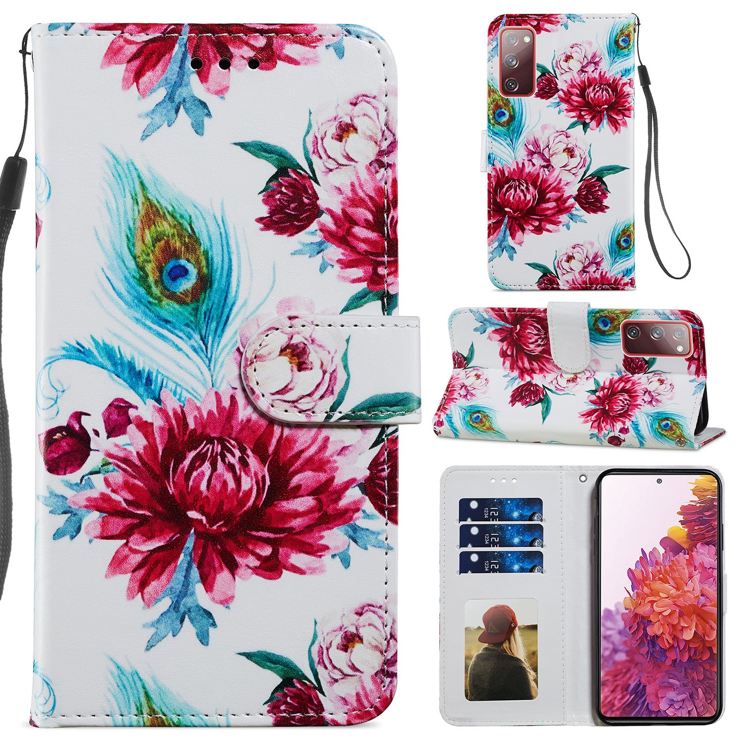 Pattern Printing Design PU Leather Folio Flip Case with Card Holder Slots & Wrist Strap for Samsung Galaxy S20 FE 2022/S20 FE 4G/S20 FE 5G/S20 Lite - Peacock Flower