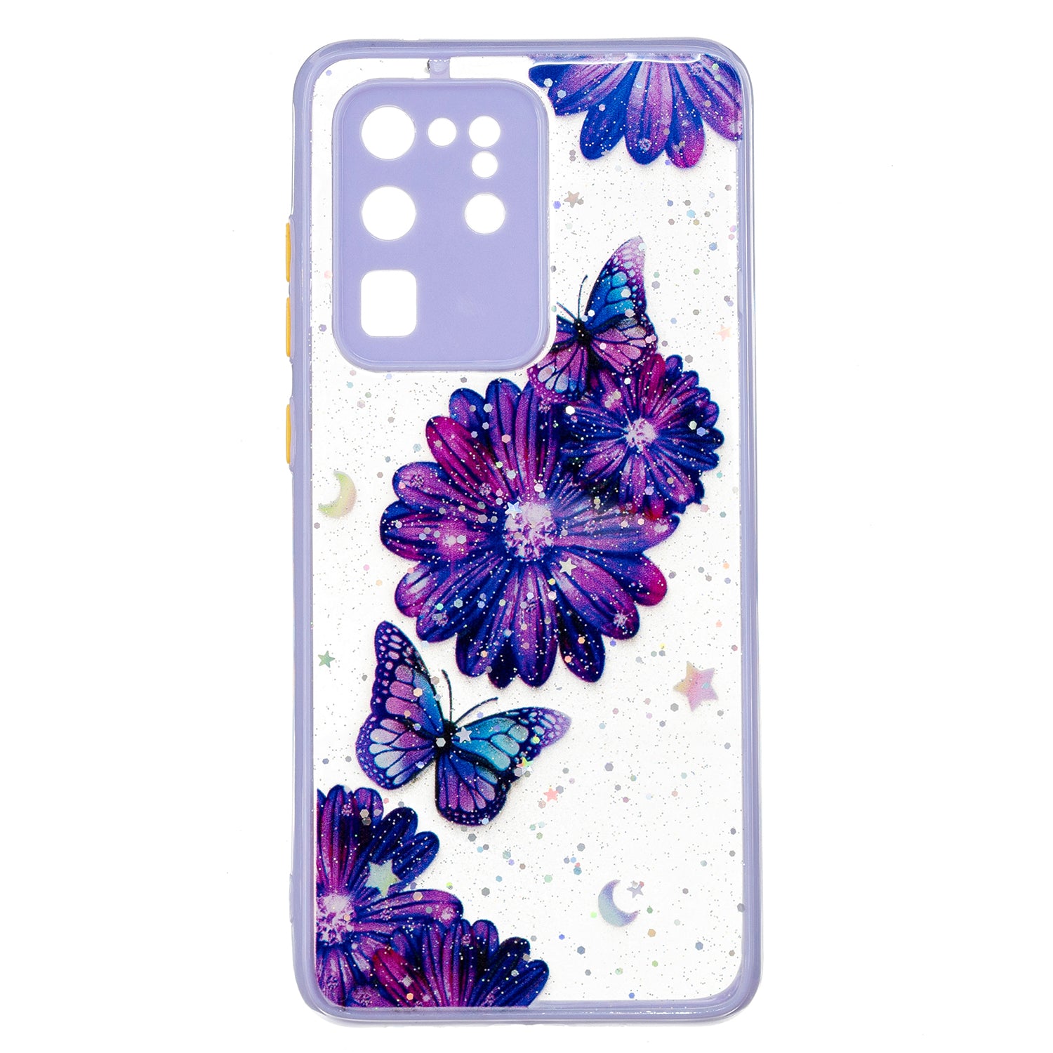 Ultra Clear Pattern Printing Precise Cut-out Soft TPU Bumper + Acrylic Back Protective Phone Case for Samsung Galaxy S20 Ultra - Purple Flower Butterfly