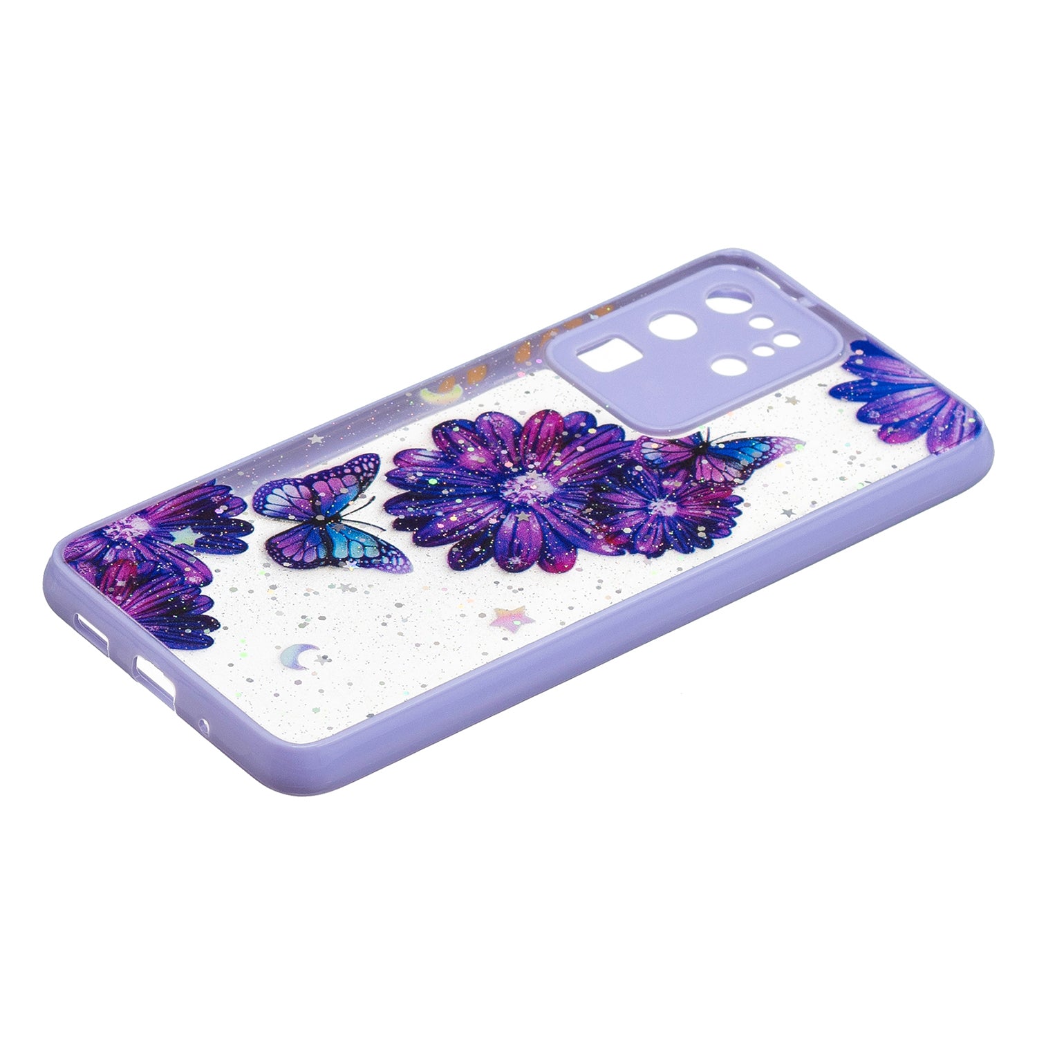 Ultra Clear Pattern Printing Precise Cut-out Soft TPU Bumper + Acrylic Back Protective Phone Case for Samsung Galaxy S20 Ultra - Purple Flower Butterfly