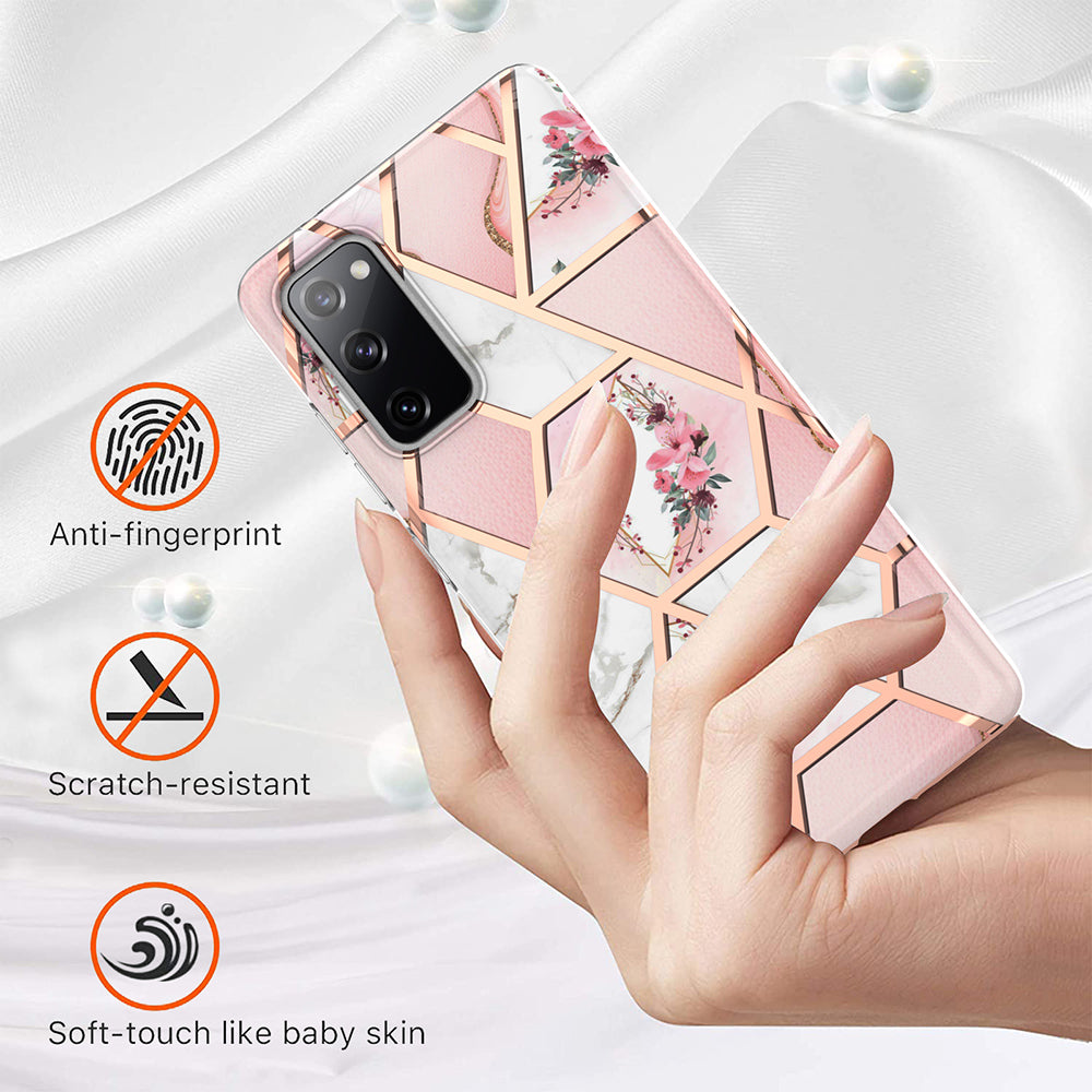 2.0mm IMD IML Flower Pattern Shell Electroplating Marble Phone Case for Samsung Galaxy S20 FE 2022/S20 FE 4G/S20 FE 5G/S20 Lite - Pink Marble/Flower