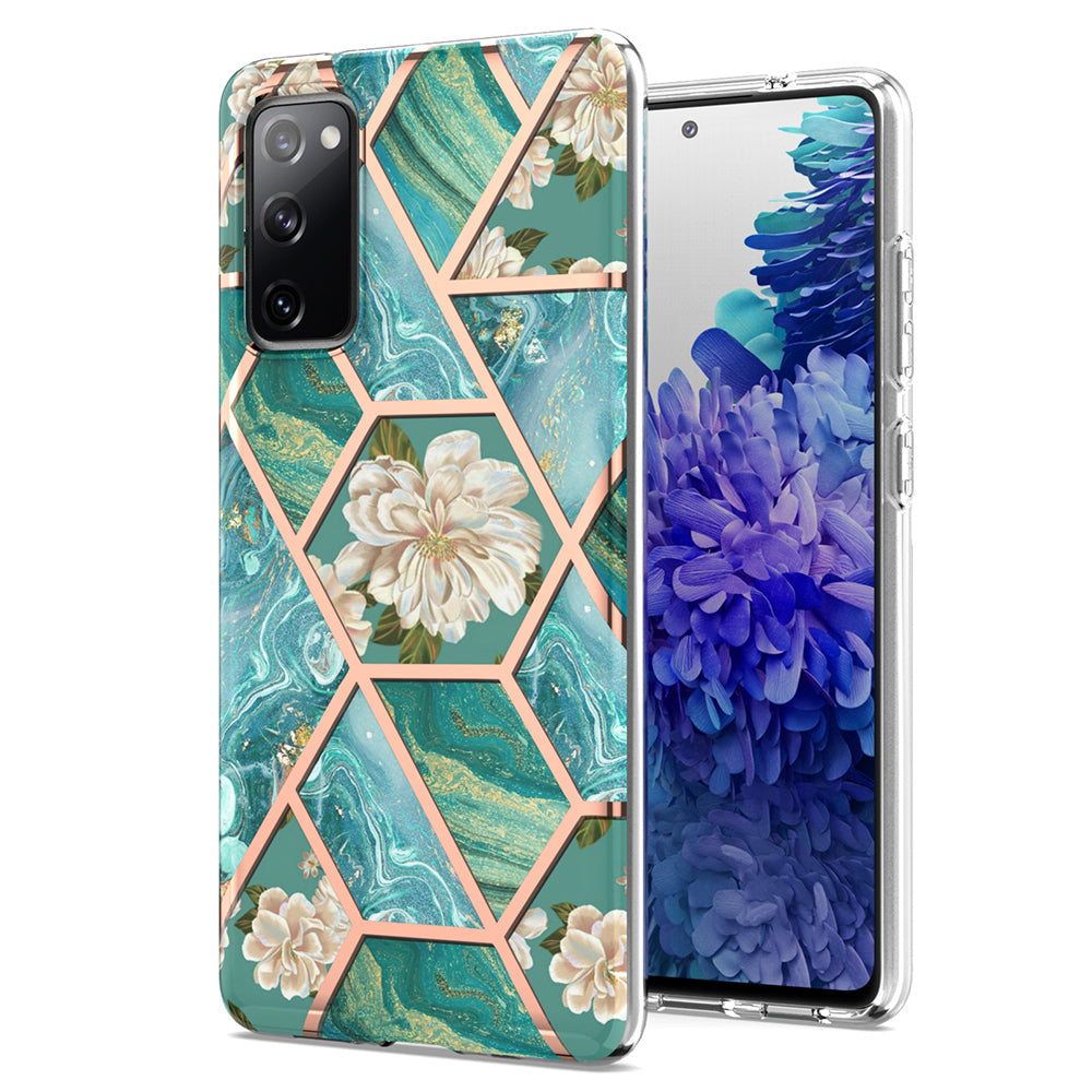 2.0mm IMD IML Flower Pattern Shell Electroplating Marble Phone Case for Samsung Galaxy S20 FE 2022/S20 FE 4G/S20 FE 5G/S20 Lite - Green Marble/Flower