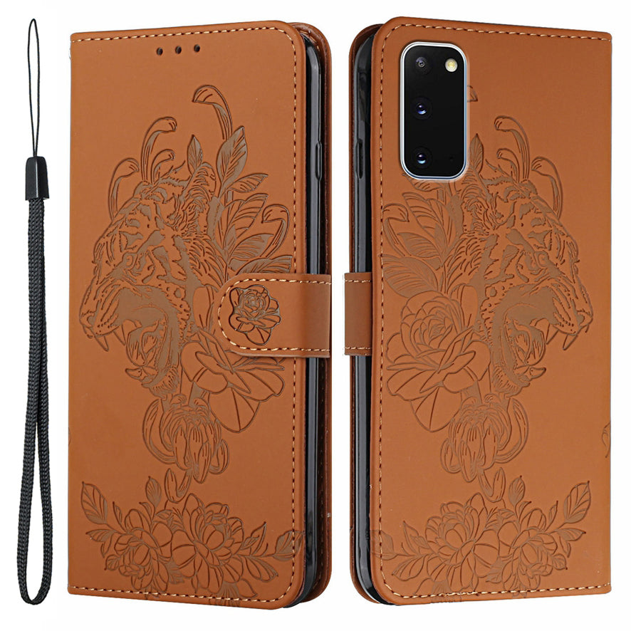 Tiger Head Pattern Imprinting Leather Wallet Stand Case for Samsung Galaxy S20 4G/S20 5G - Brown