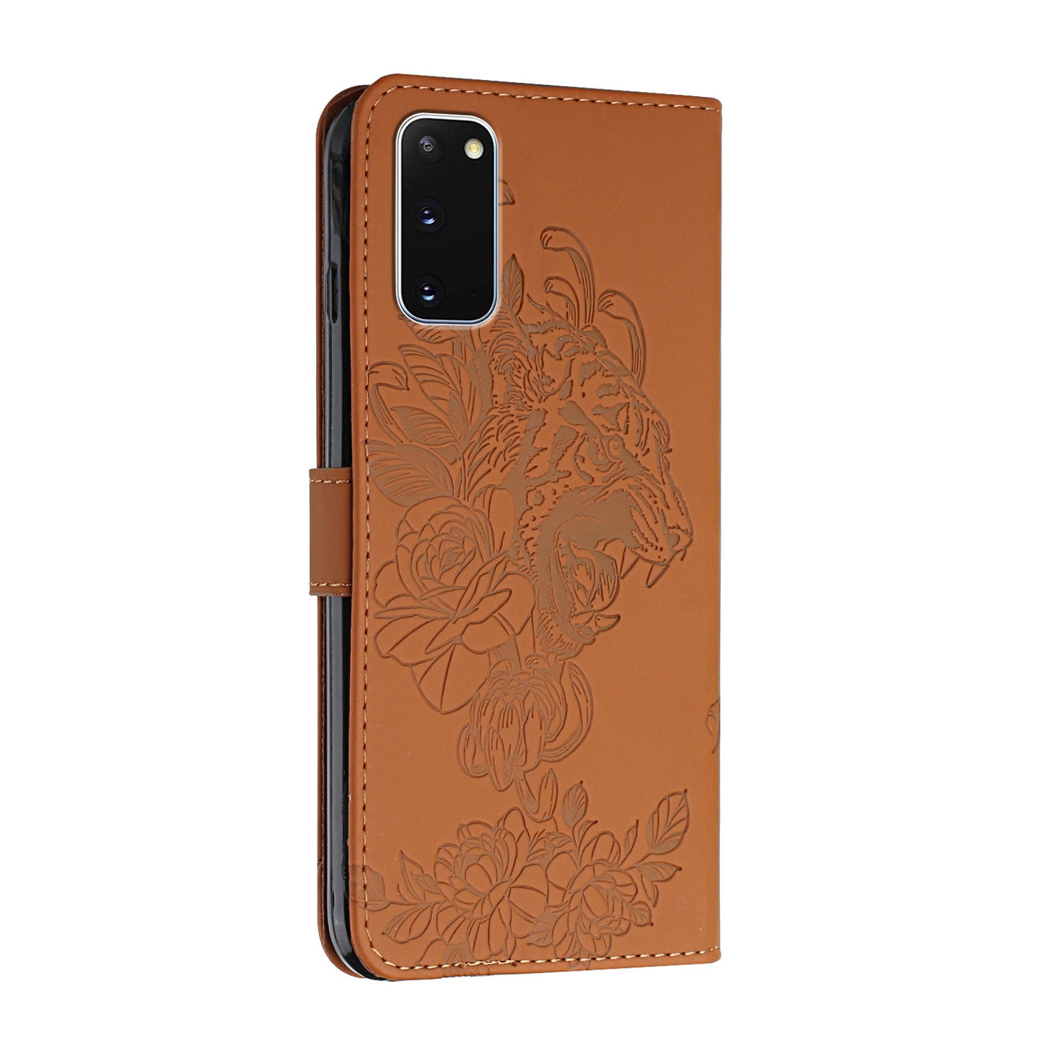 Tiger Head Pattern Imprinting Leather Wallet Stand Case for Samsung Galaxy S20 4G/S20 5G - Brown