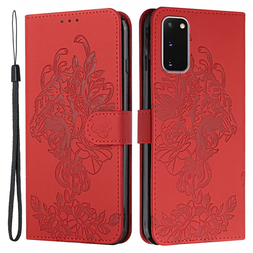 Tiger Head Pattern Imprinting Leather Wallet Stand Case for Samsung Galaxy S20 4G/S20 5G - Red