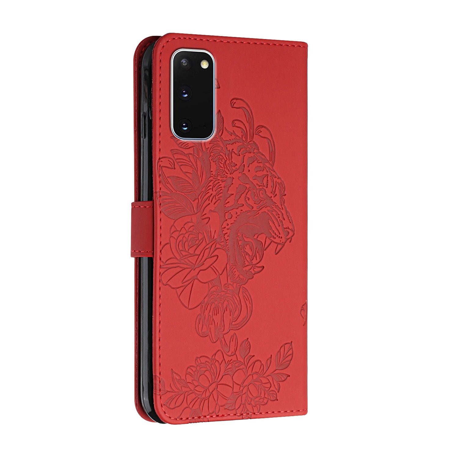 Tiger Head Pattern Imprinting Leather Wallet Stand Case for Samsung Galaxy S20 4G/S20 5G - Red