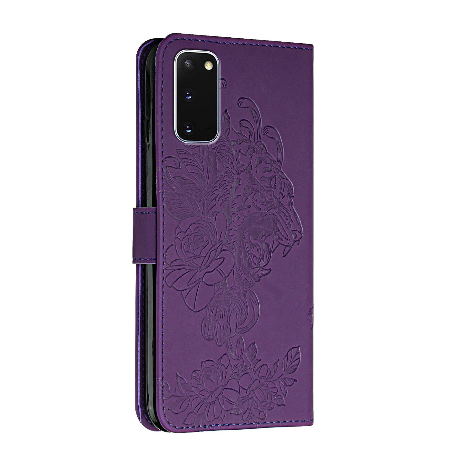 Tiger Head Pattern Imprinting Leather Wallet Stand Case for Samsung Galaxy S20 4G/S20 5G - Purple