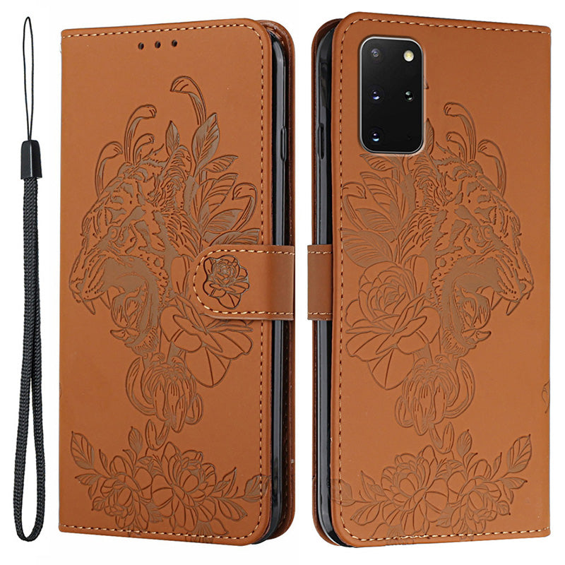 Leather Wallet Stand Case with Tiger Head Pattern Imprinting for Samsung Galaxy S20 Plus 4G/5G - Brown