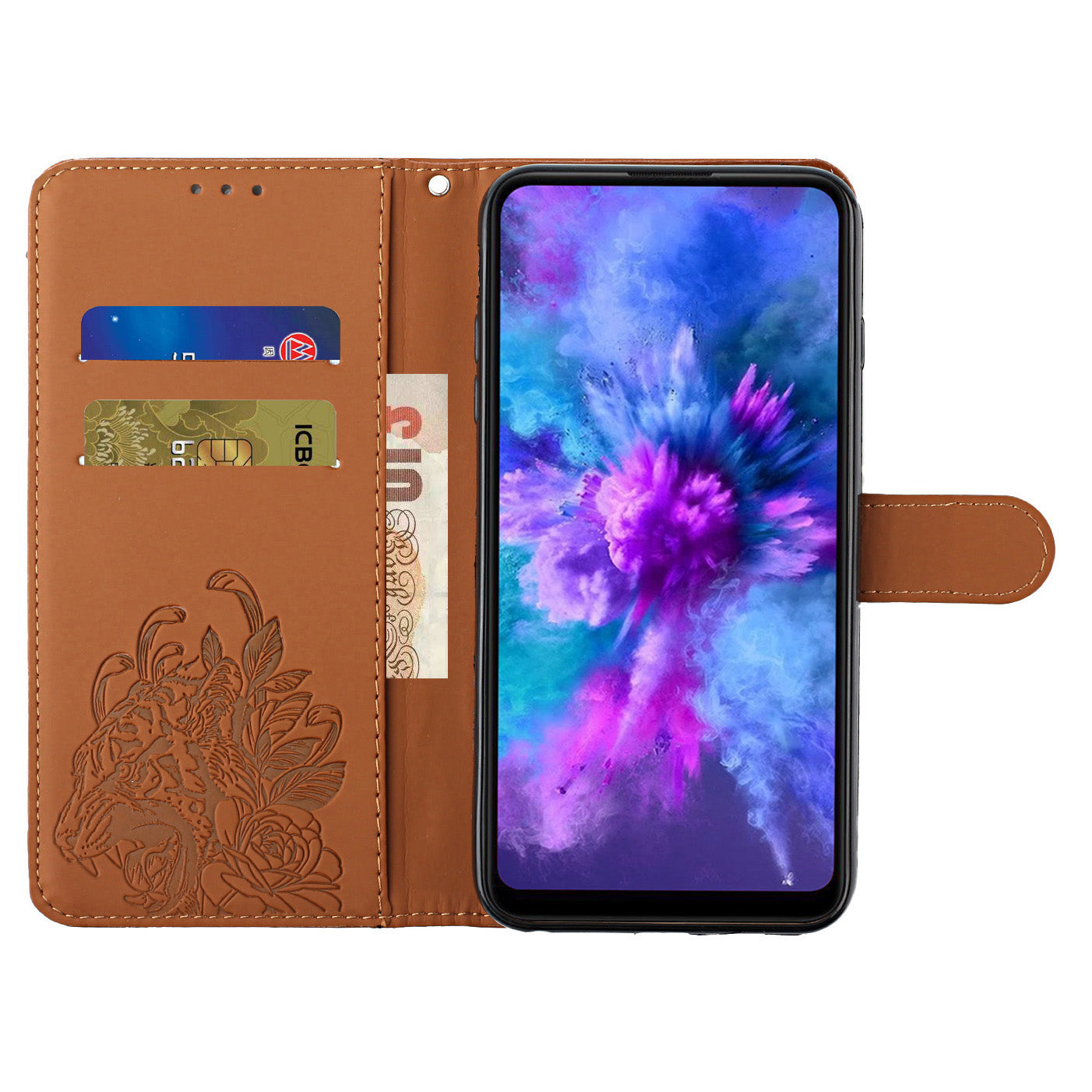 Leather Wallet Stand Case with Tiger Head Pattern Imprinting for Samsung Galaxy S20 Plus 4G/5G - Brown