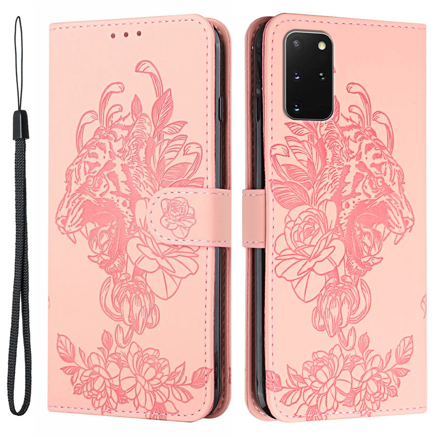 Leather Wallet Stand Case with Tiger Head Pattern Imprinting for Samsung Galaxy S20 Plus 4G/5G - Pink