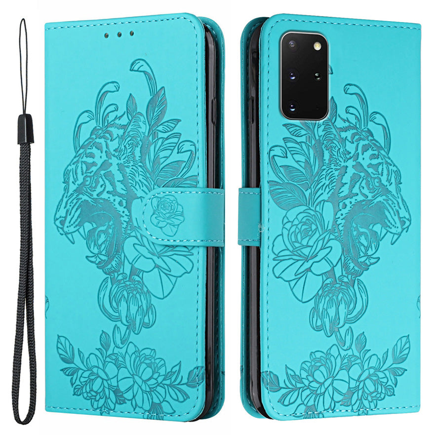 Leather Wallet Stand Case with Tiger Head Pattern Imprinting for Samsung Galaxy S20 Plus 4G/5G - Green