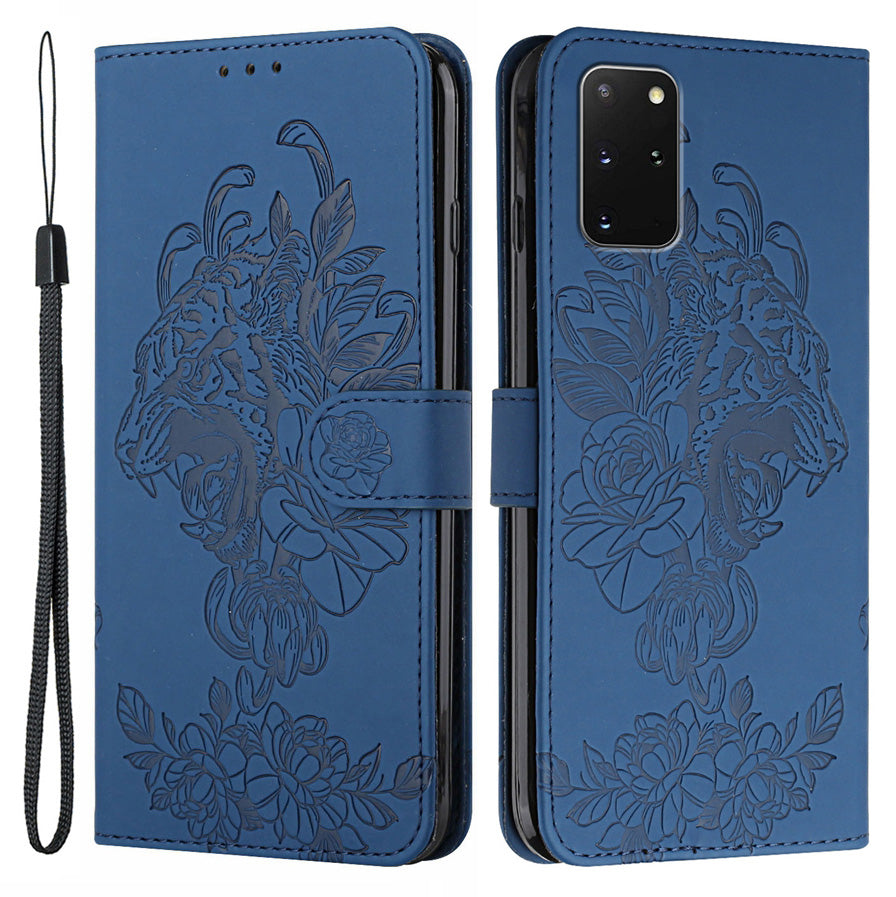 Leather Wallet Stand Case with Tiger Head Pattern Imprinting for Samsung Galaxy S20 Plus 4G/5G - Blue