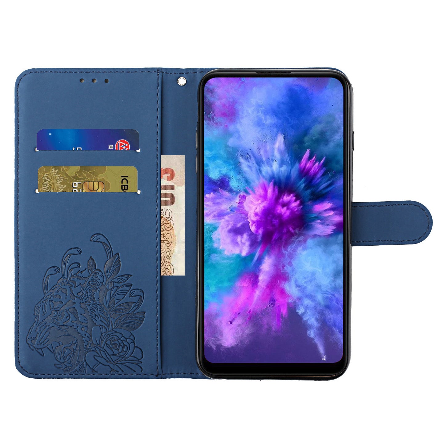 Leather Wallet Stand Case with Tiger Head Pattern Imprinting for Samsung Galaxy S20 Plus 4G/5G - Blue