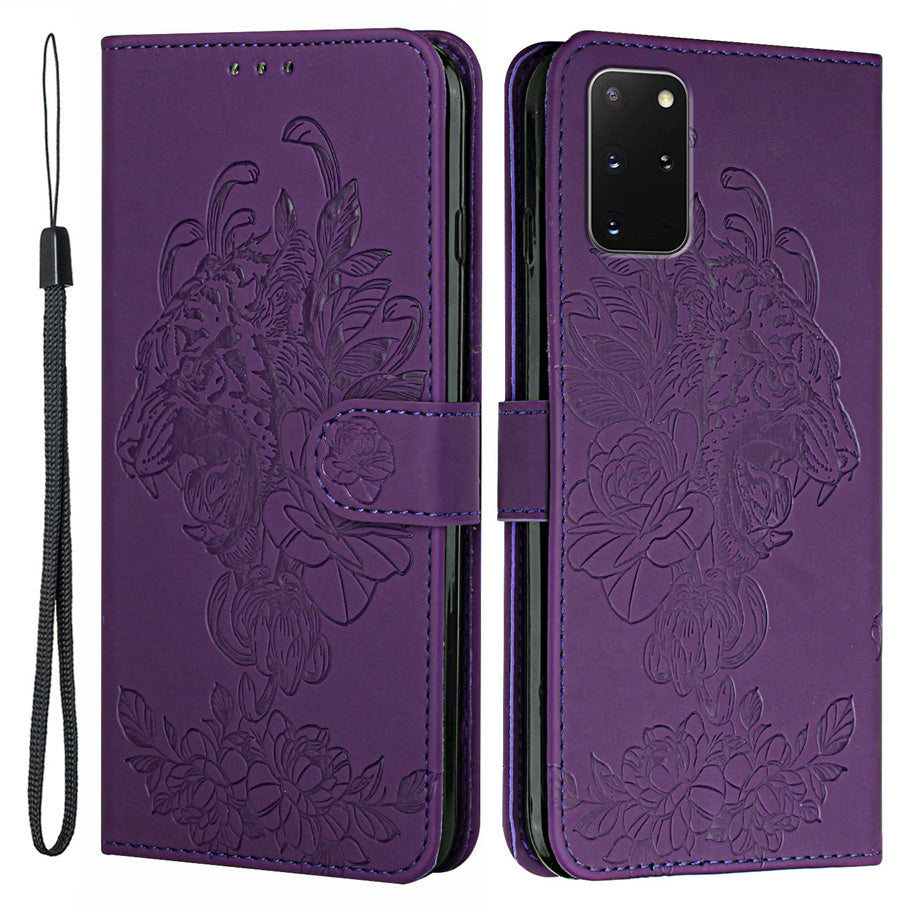 Leather Wallet Stand Case with Tiger Head Pattern Imprinting for Samsung Galaxy S20 Plus 4G/5G - Purple