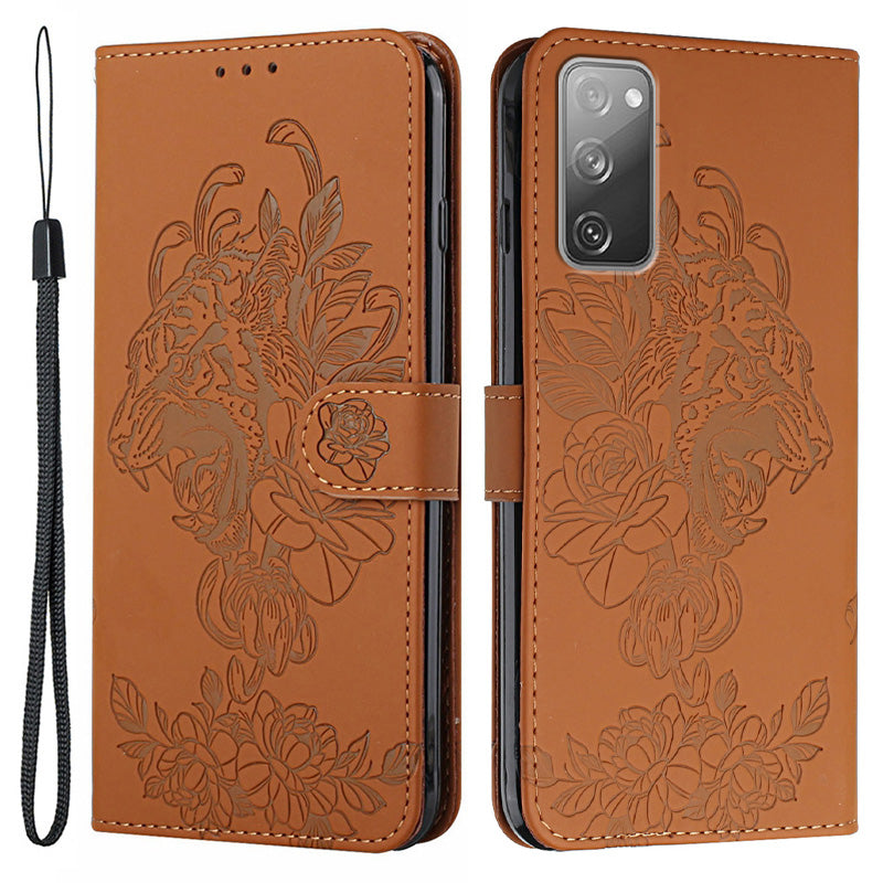 Wallet Stand Design Tiger Head Pattern Imprinting Leather Case for Samsung Galaxy S20 FE 2022/S20 FE 4G/S20 FE 5G/S20 Lite - Brown