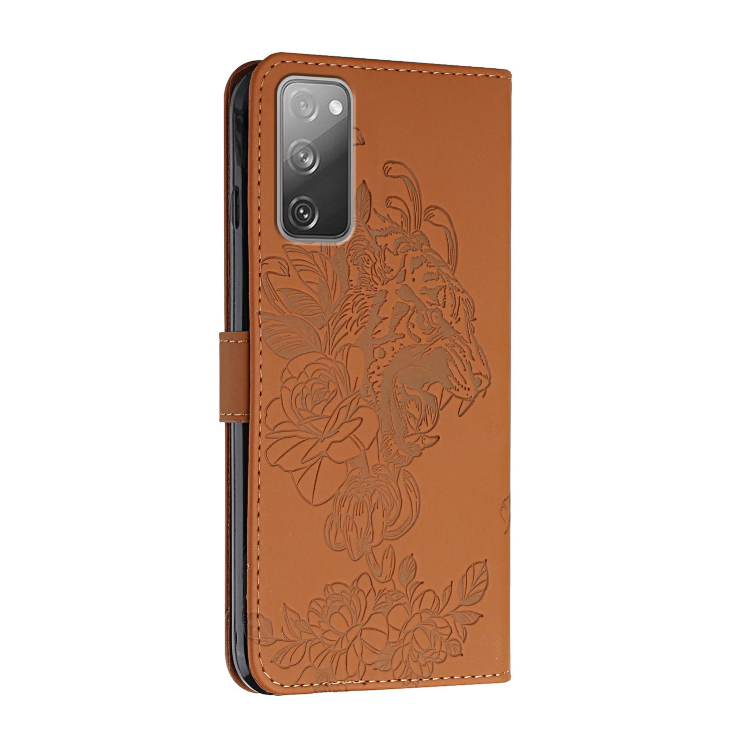 Wallet Stand Design Tiger Head Pattern Imprinting Leather Case for Samsung Galaxy S20 FE 2022/S20 FE 4G/S20 FE 5G/S20 Lite - Brown