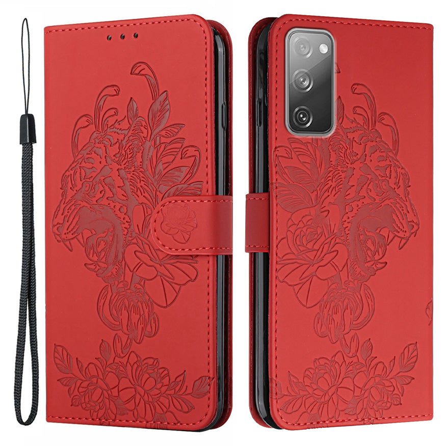 Wallet Stand Design Tiger Head Pattern Imprinting Leather Case for Samsung Galaxy S20 FE 2022/S20 FE 4G/S20 FE 5G/S20 Lite - Red