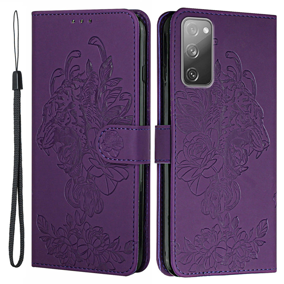 Wallet Stand Design Tiger Head Pattern Imprinting Leather Case for Samsung Galaxy S20 FE 2022/S20 FE 4G/S20 FE 5G/S20 Lite - Purple