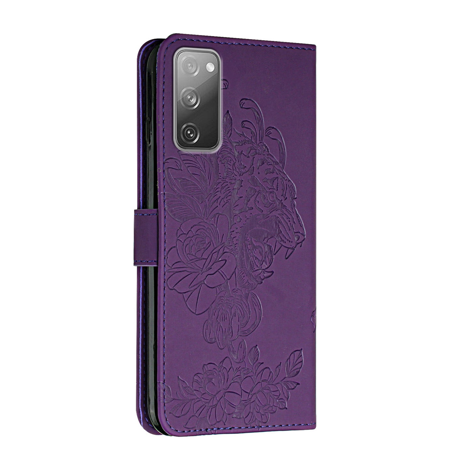 Wallet Stand Design Tiger Head Pattern Imprinting Leather Case for Samsung Galaxy S20 FE 2022/S20 FE 4G/S20 FE 5G/S20 Lite - Purple