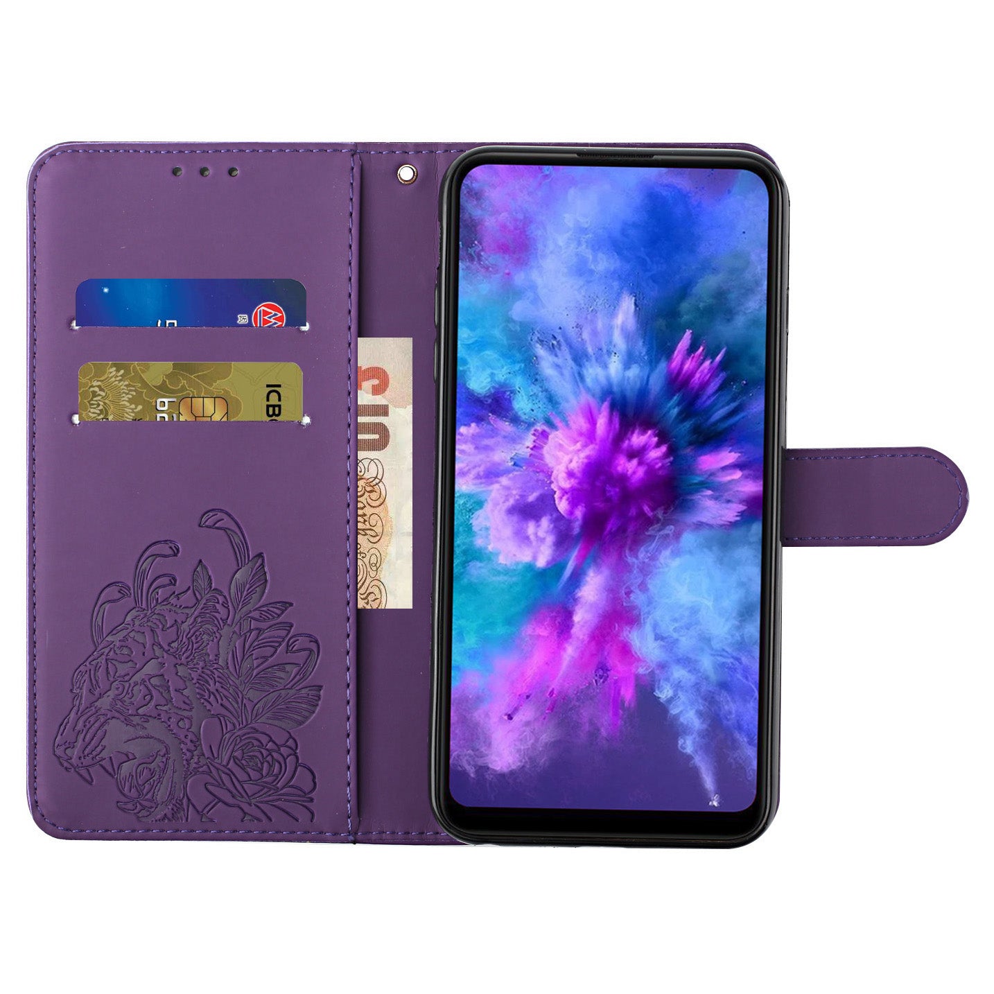 Wallet Stand Design Tiger Head Pattern Imprinting Leather Case for Samsung Galaxy S20 FE 2022/S20 FE 4G/S20 FE 5G/S20 Lite - Purple