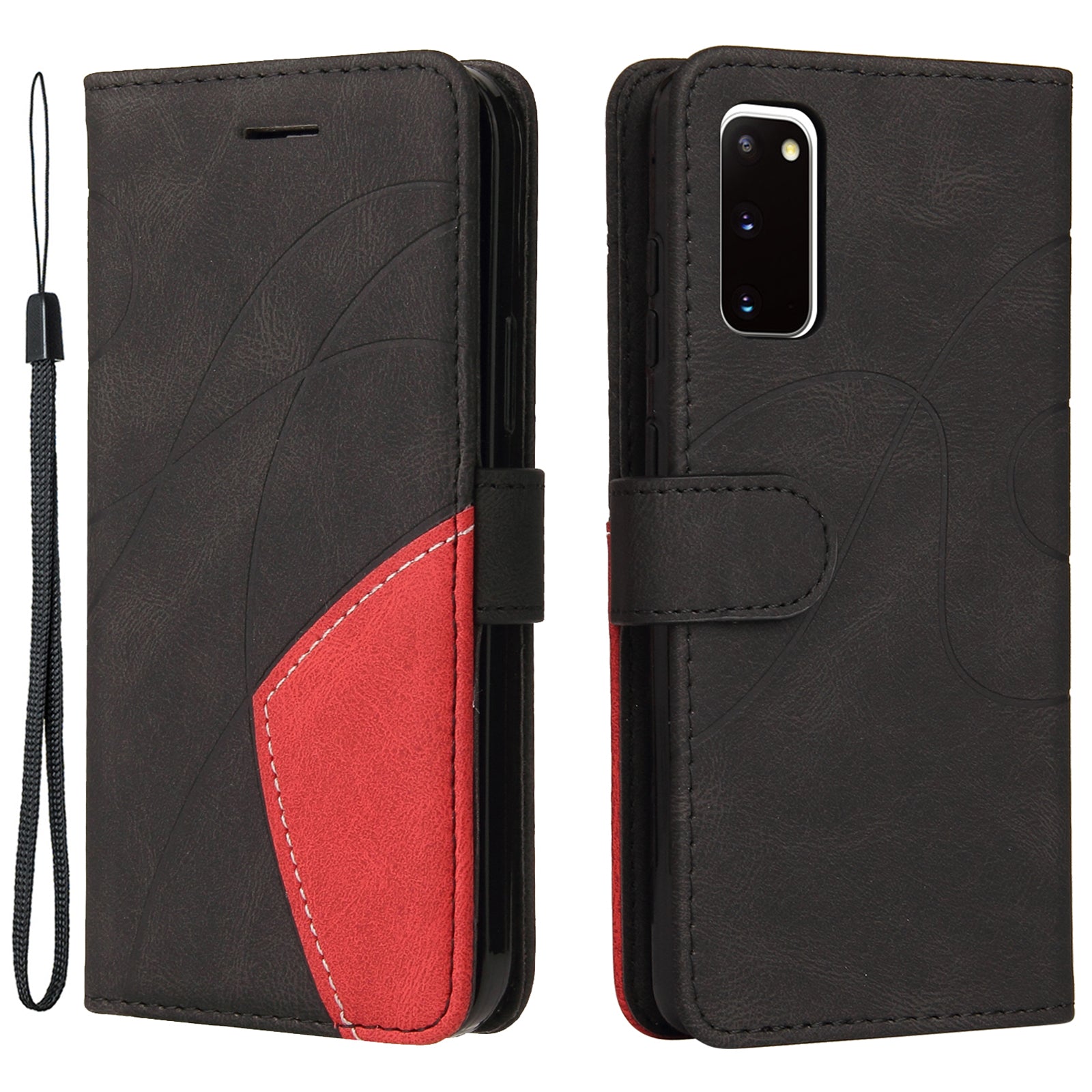 KT Leather Series-1 Wallet Bi-color Splicing Style Leather Phone Cover with Handy Strap for Samsung Galaxy S20 4G/S20 5G - Black