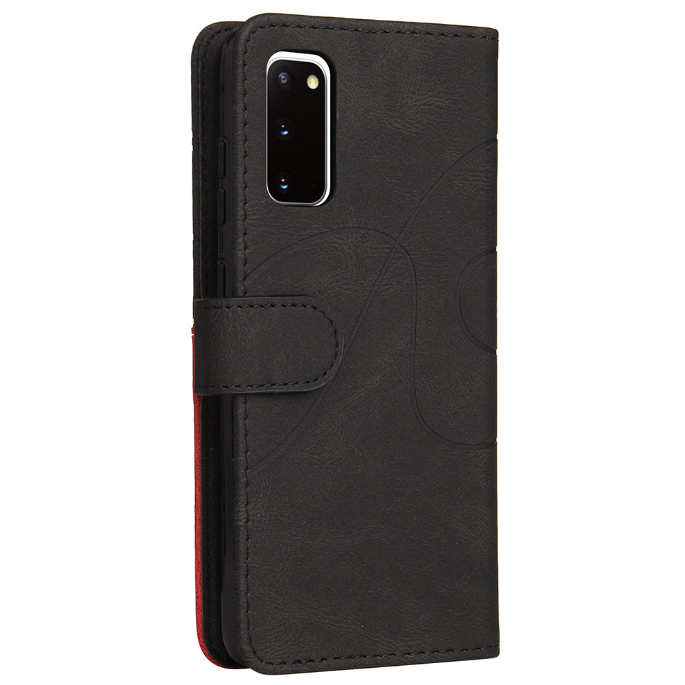 KT Leather Series-1 Wallet Bi-color Splicing Style Leather Phone Cover with Handy Strap for Samsung Galaxy S20 4G/S20 5G - Black