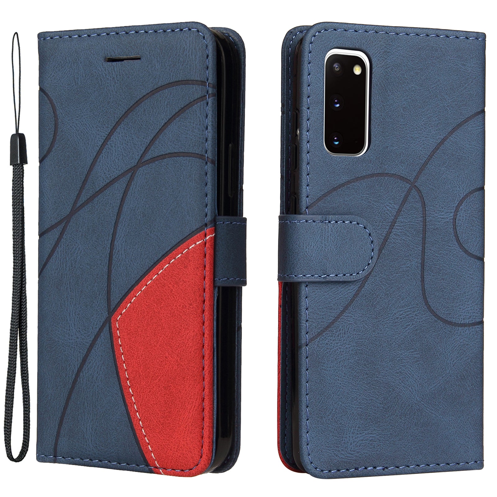 KT Leather Series-1 Wallet Bi-color Splicing Style Leather Phone Cover with Handy Strap for Samsung Galaxy S20 4G/S20 5G - Blue