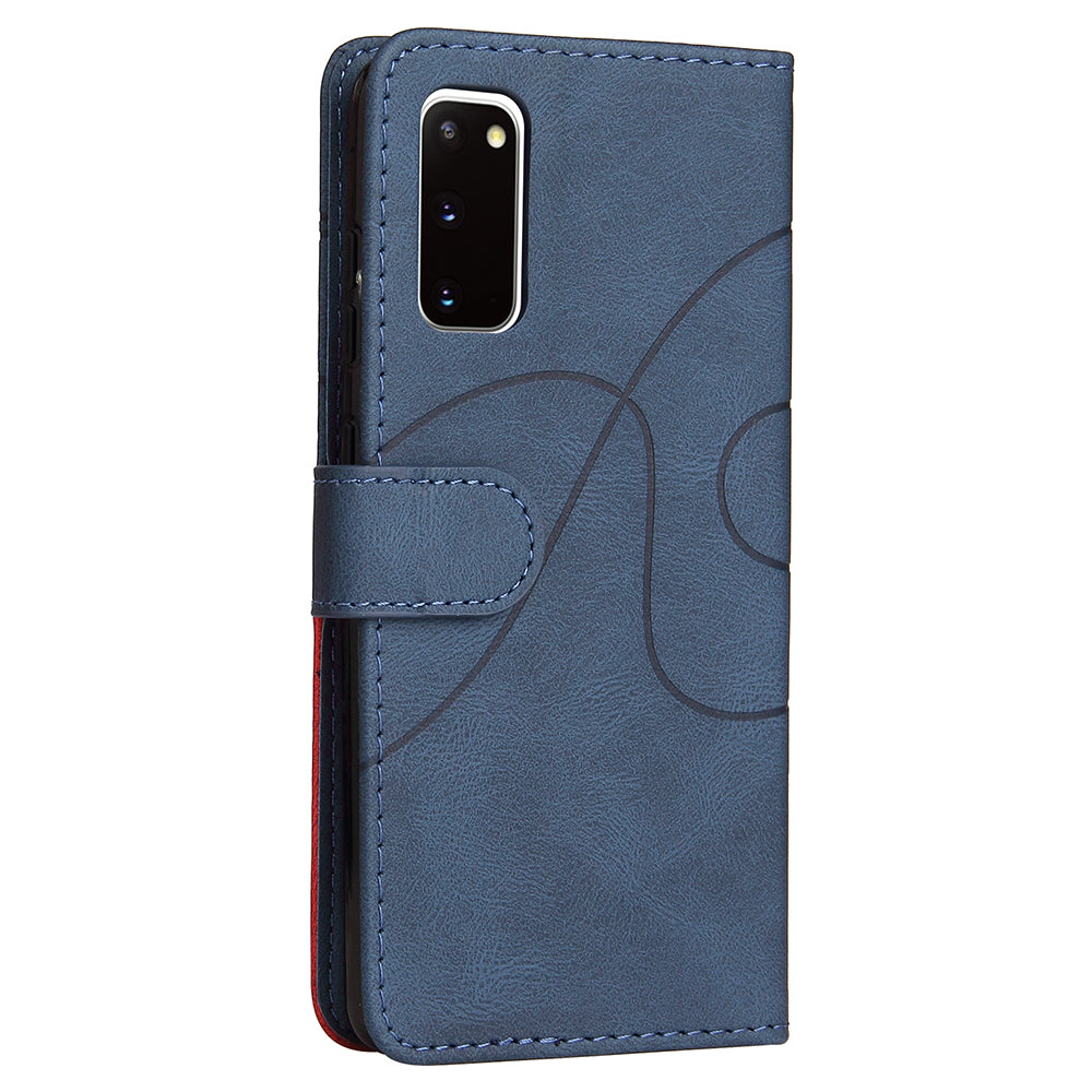 KT Leather Series-1 Wallet Bi-color Splicing Style Leather Phone Cover with Handy Strap for Samsung Galaxy S20 4G/S20 5G - Blue