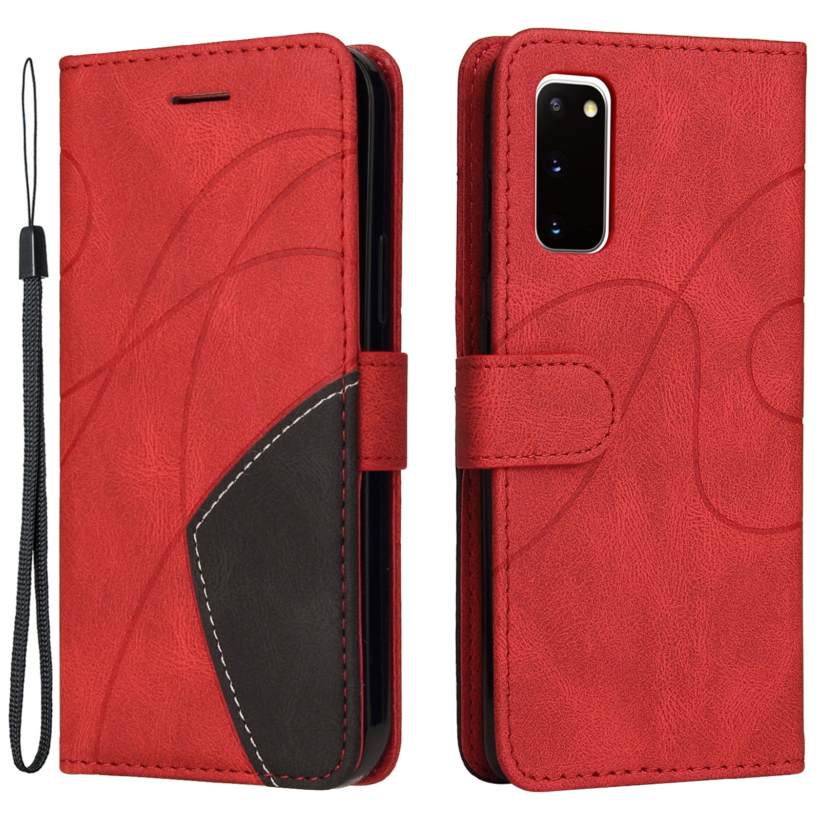 KT Leather Series-1 Wallet Bi-color Splicing Style Leather Phone Cover with Handy Strap for Samsung Galaxy S20 4G/S20 5G - Red