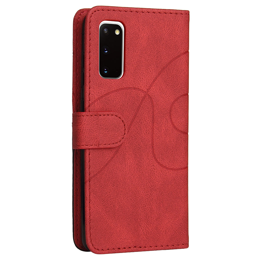 KT Leather Series-1 Wallet Bi-color Splicing Style Leather Phone Cover with Handy Strap for Samsung Galaxy S20 4G/S20 5G - Red