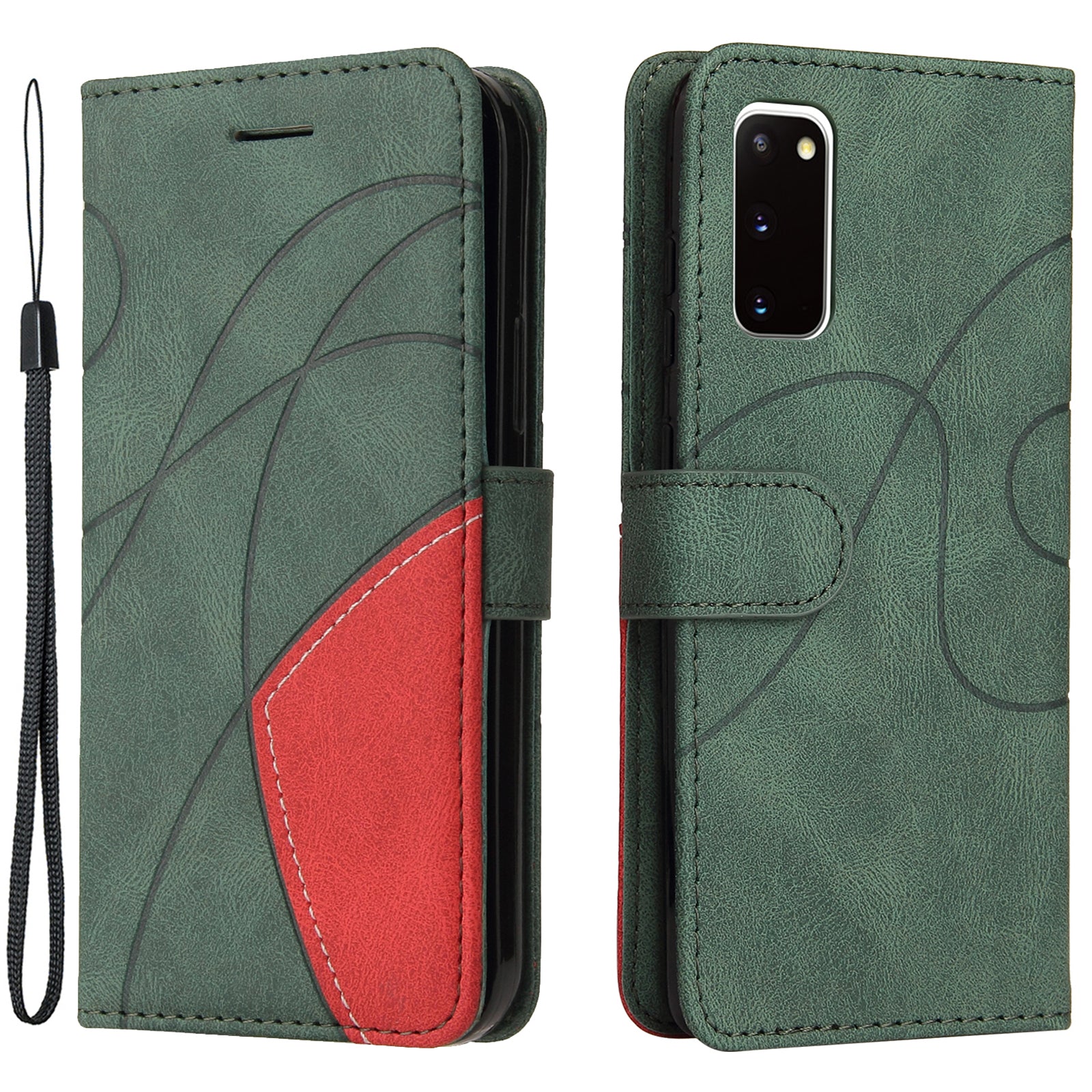 KT Leather Series-1 Wallet Bi-color Splicing Style Leather Phone Cover with Handy Strap for Samsung Galaxy S20 4G/S20 5G - Green