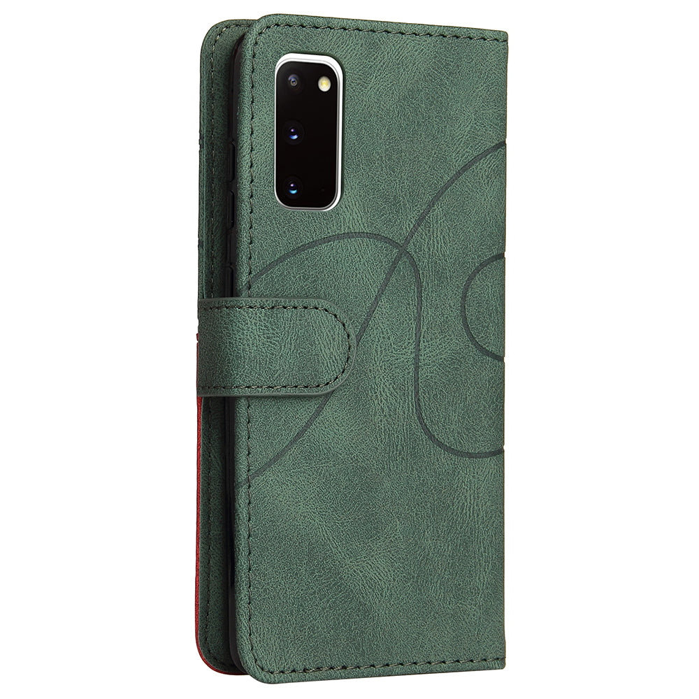 KT Leather Series-1 Wallet Bi-color Splicing Style Leather Phone Cover with Handy Strap for Samsung Galaxy S20 4G/S20 5G - Green