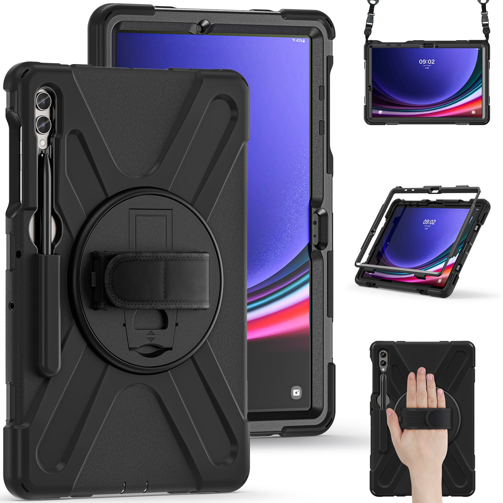 Case for Samsung Galaxy Tab S9 FE+ / S9+ / S8+ / S7+ / S7 FE T730 T735 T736B T736N Tablet Cover with Shoulder Strap - Black+Black