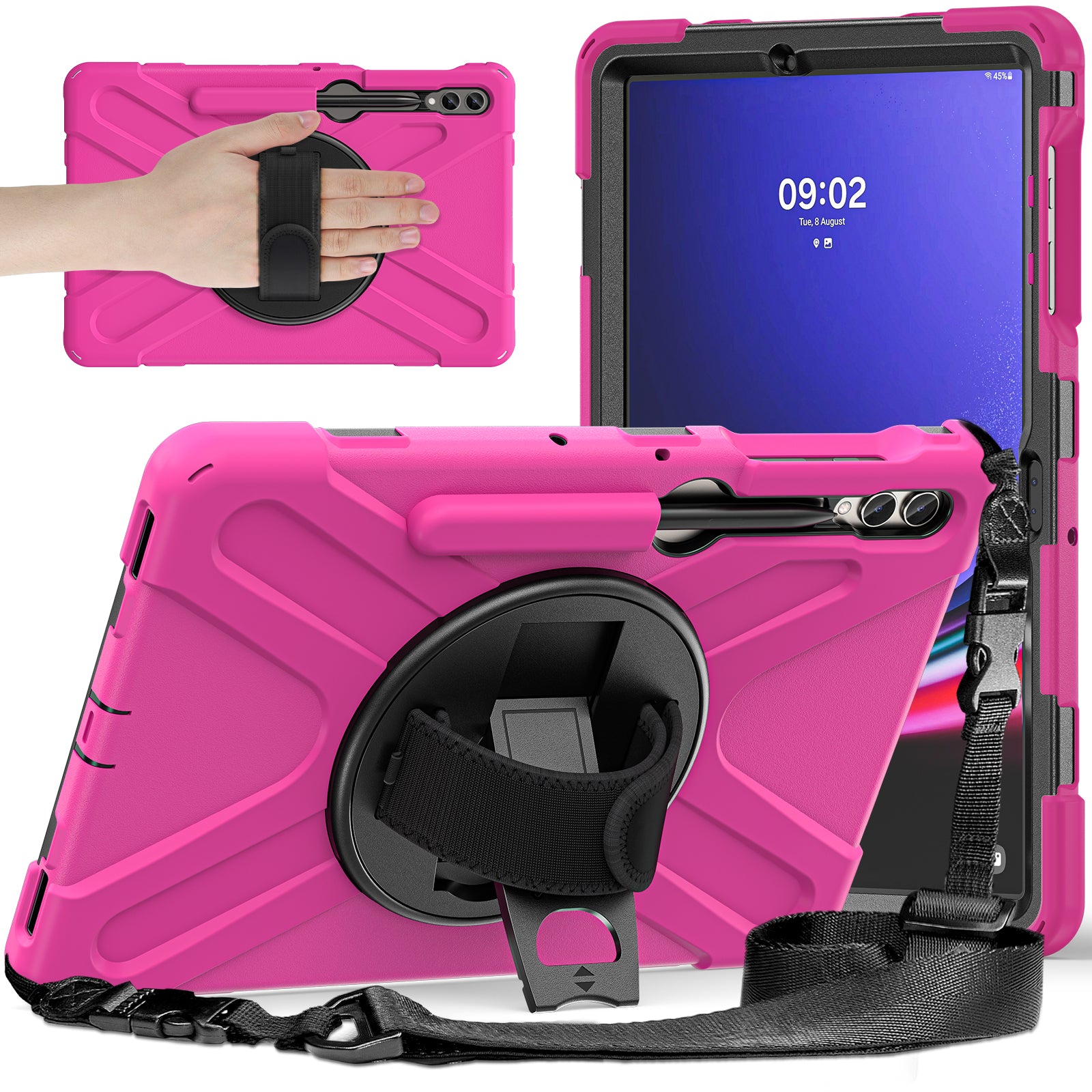 Case for Samsung Galaxy Tab S9 FE+ / S9+ / S8+ / S7+ / S7 FE T730 T735 T736B T736N Tablet Cover with Shoulder Strap - Rose