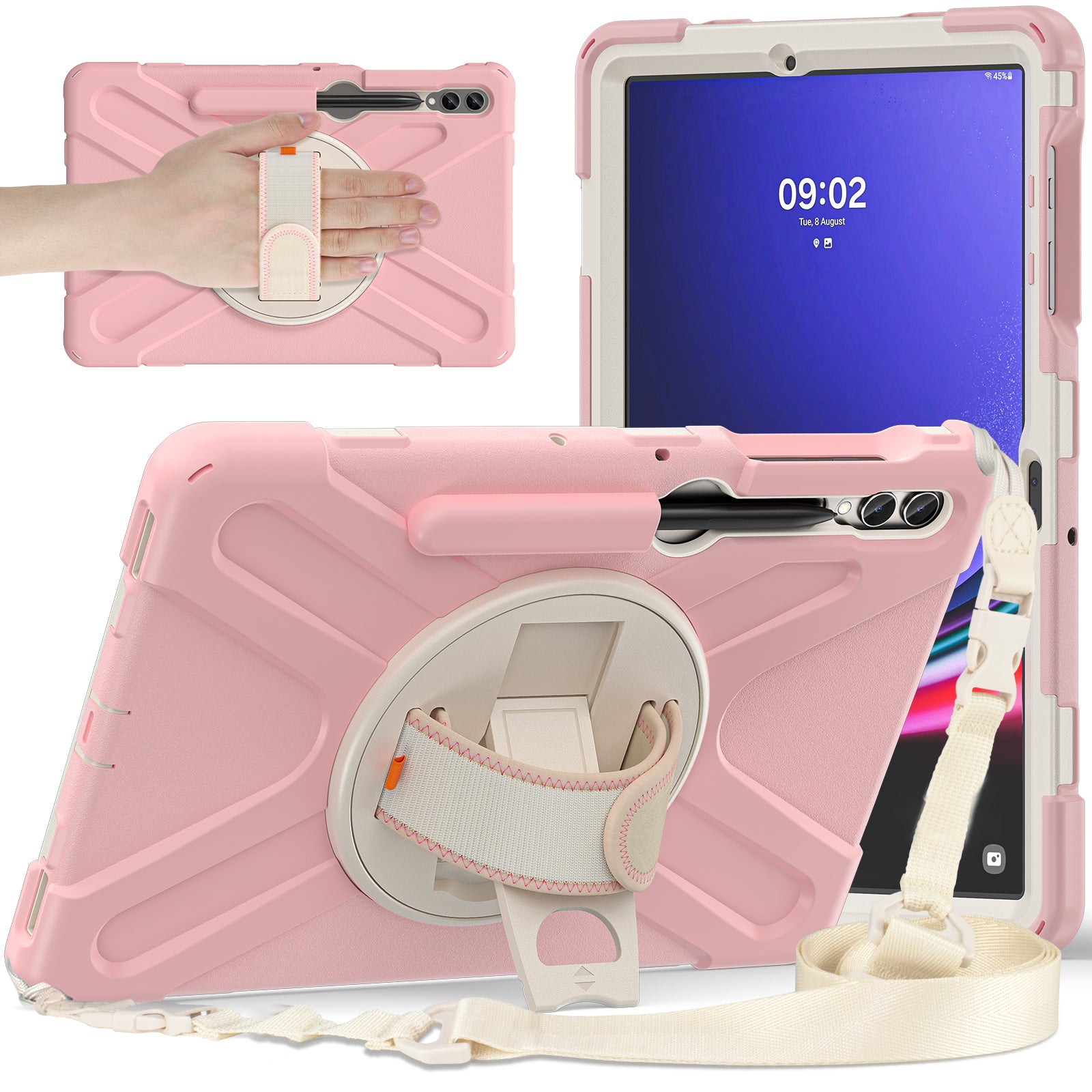 Case for Samsung Galaxy Tab S9 FE+ / S9+ / S8+ / S7+ / S7 FE T730 T735 T736B T736N Tablet Cover with Shoulder Strap - Pink