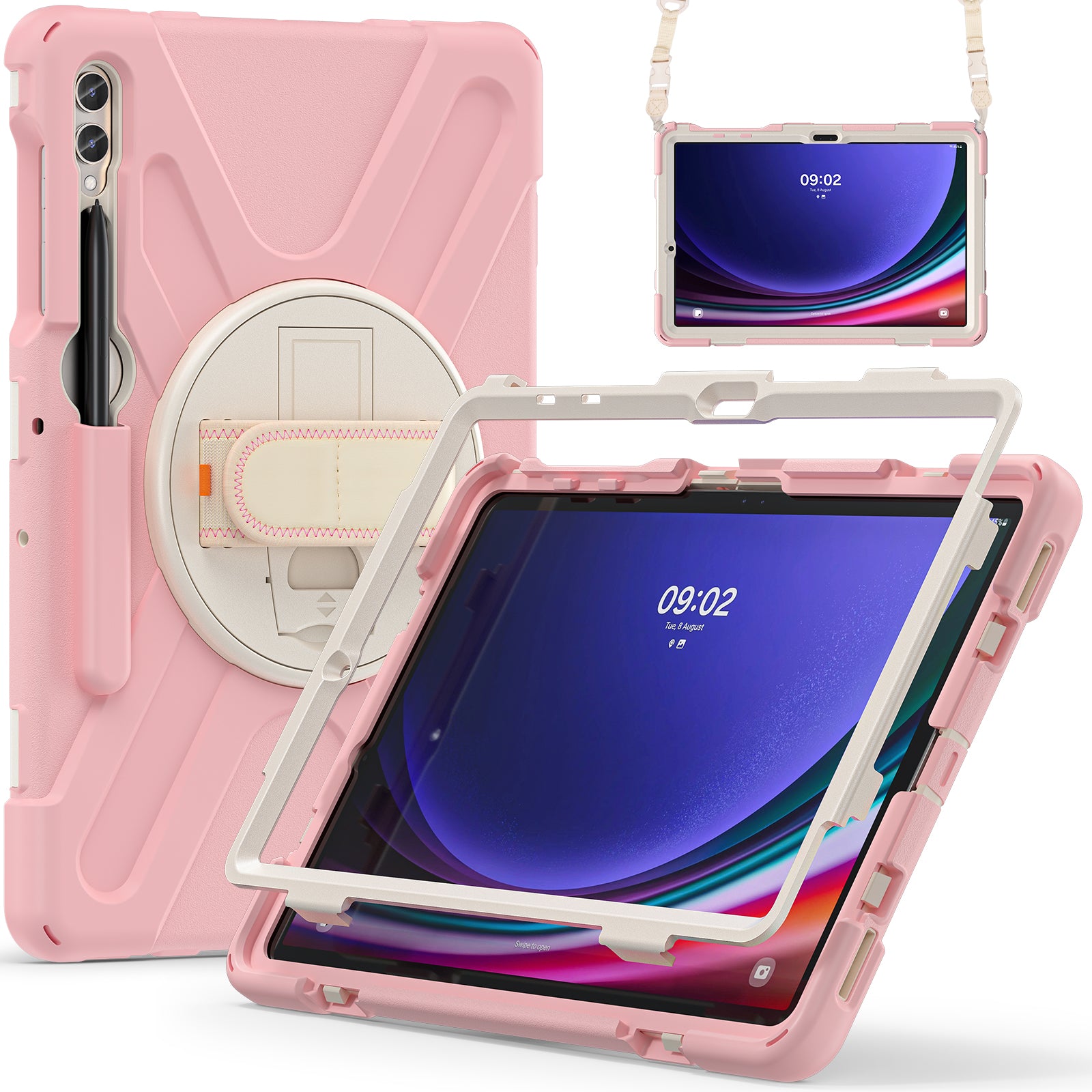 Case for Samsung Galaxy Tab S9 FE+ / S9+ / S8+ / S7+ / S7 FE T730 T735 T736B T736N Tablet Cover with Shoulder Strap - Pink