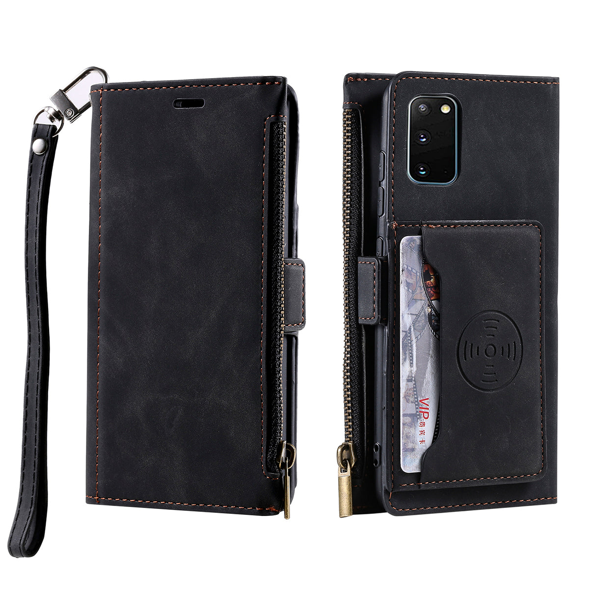 PU Leather Cellphone Protective Case Cover with Multifunctional Zipper Wallet and Kickstand for Samsung Galaxy S20 4G/S20 5G - Black