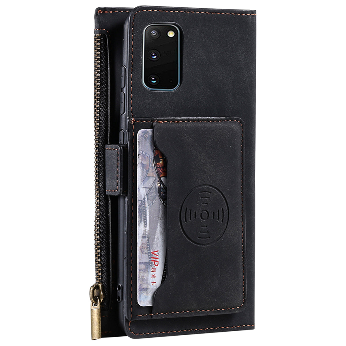 PU Leather Cellphone Protective Case Cover with Multifunctional Zipper Wallet and Kickstand for Samsung Galaxy S20 4G/S20 5G - Black