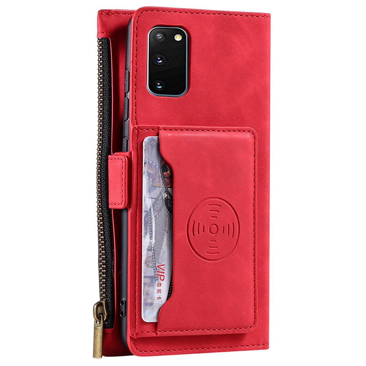 PU Leather Cellphone Protective Case Cover with Multifunctional Zipper Wallet and Kickstand for Samsung Galaxy S20 4G/S20 5G - Red