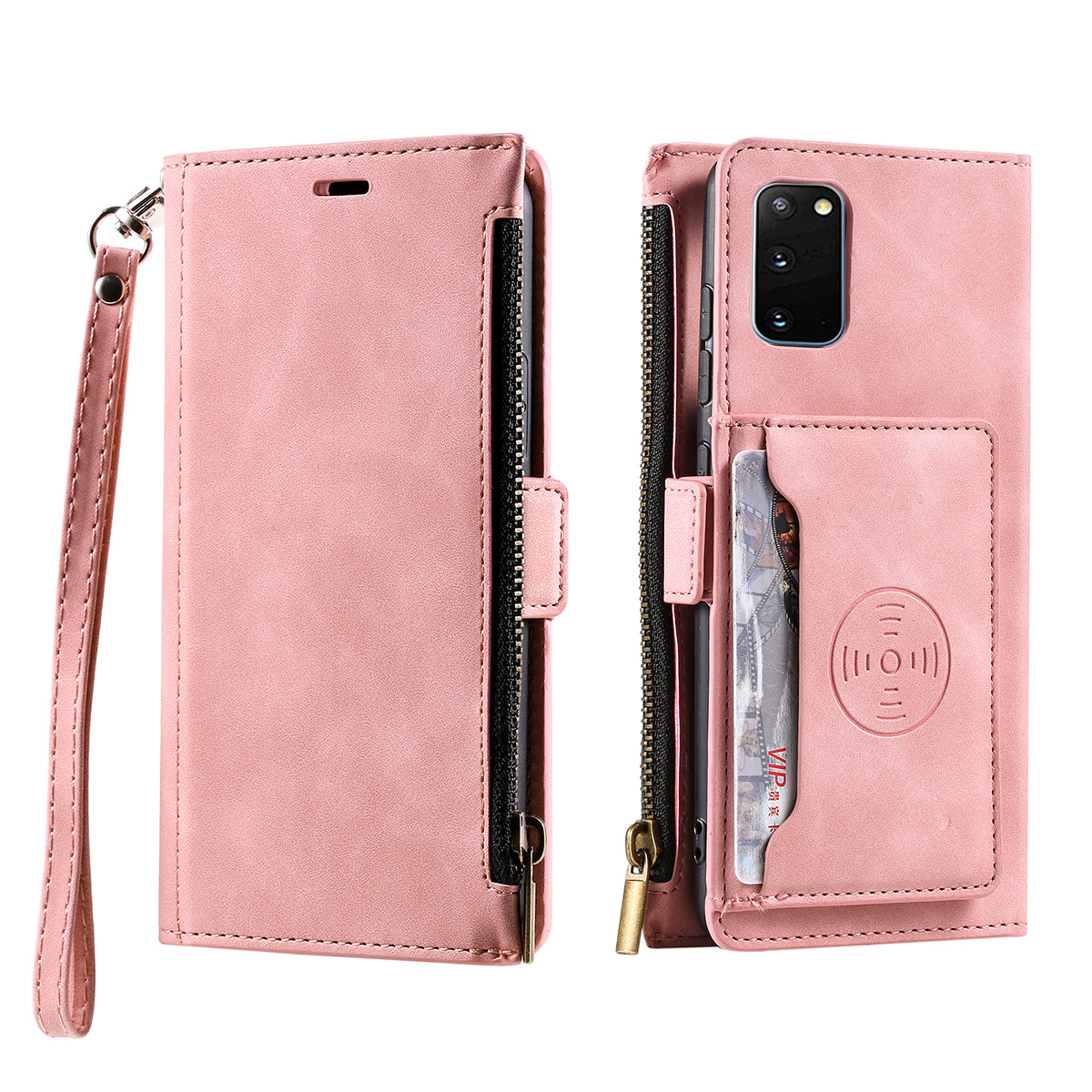 PU Leather Cellphone Protective Case Cover with Multifunctional Zipper Wallet and Kickstand for Samsung Galaxy S20 4G/S20 5G - Pink