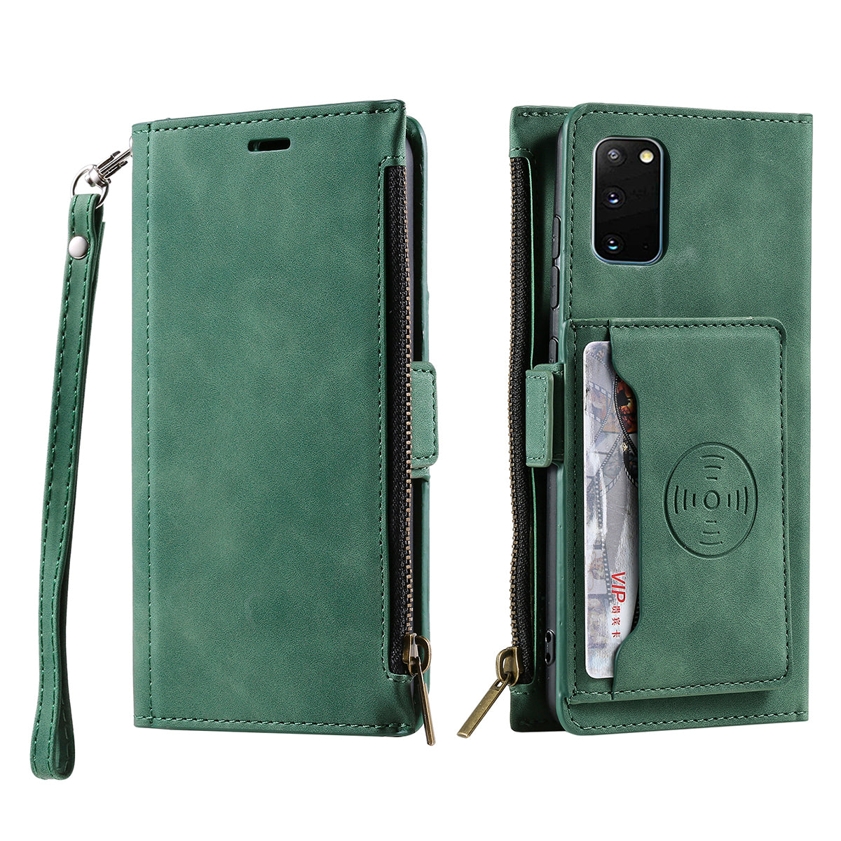 PU Leather Cellphone Protective Case Cover with Multifunctional Zipper Wallet and Kickstand for Samsung Galaxy S20 4G/S20 5G - Green