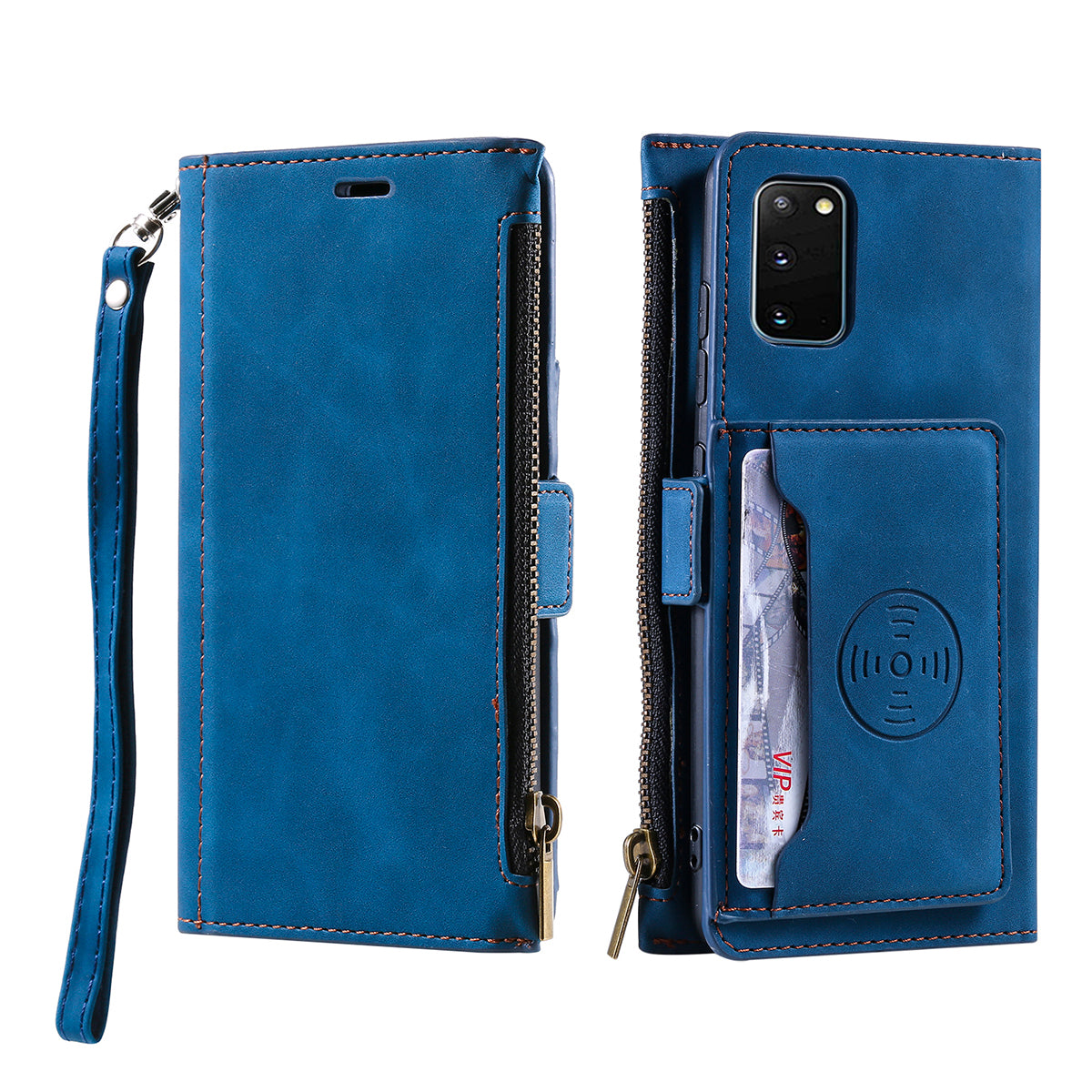 PU Leather Cellphone Protective Case Cover with Multifunctional Zipper Wallet and Kickstand for Samsung Galaxy S20 4G/S20 5G - Blue