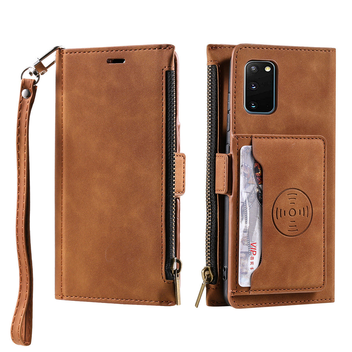 PU Leather Cellphone Protective Case Cover with Multifunctional Zipper Wallet and Kickstand for Samsung Galaxy S20 4G/S20 5G - Brown