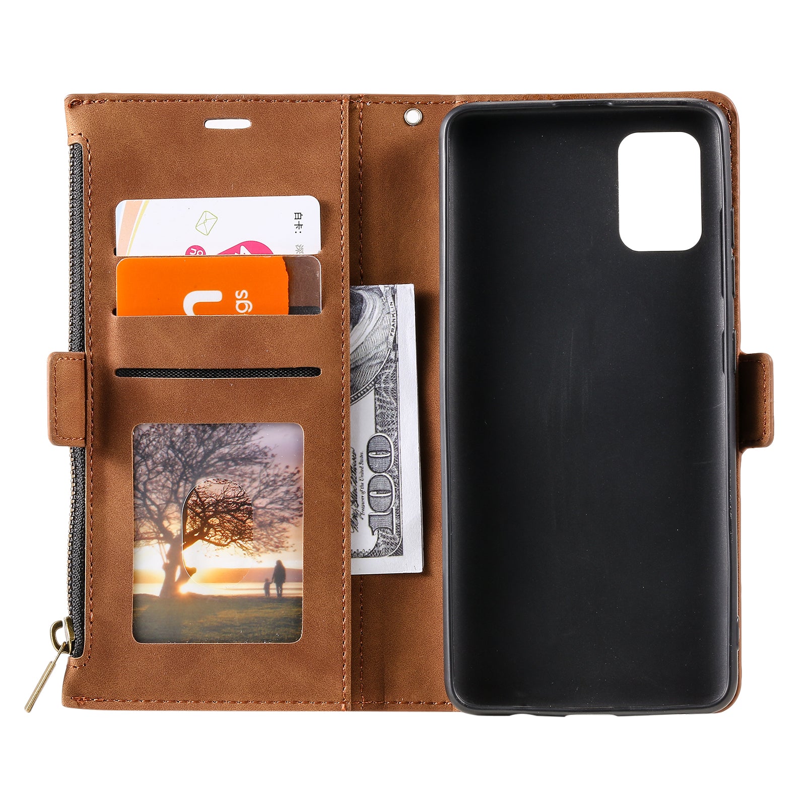 PU Leather Cellphone Protective Case Cover with Multifunctional Zipper Wallet and Kickstand for Samsung Galaxy S20 4G/S20 5G - Brown