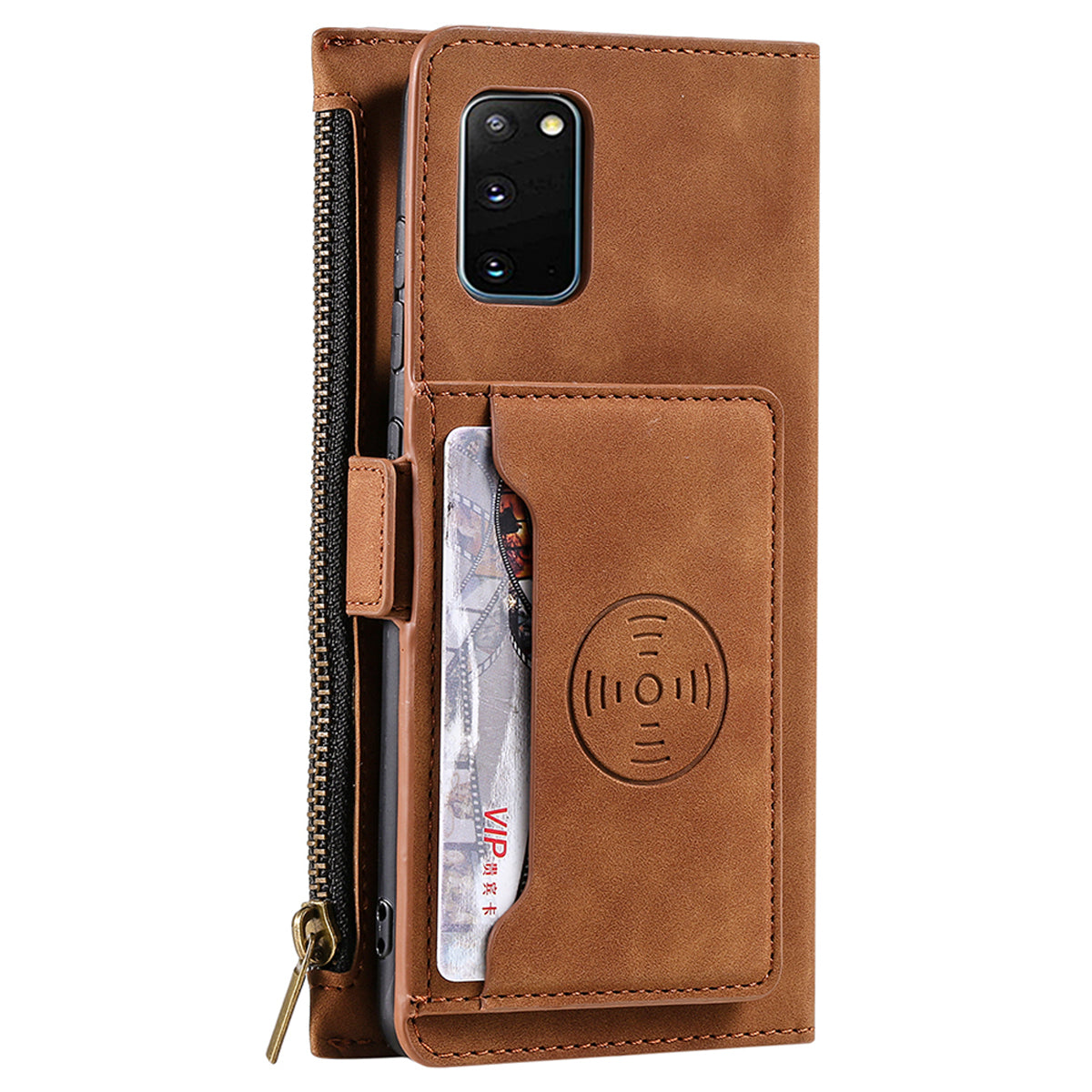 PU Leather Cellphone Protective Case Cover with Multifunctional Zipper Wallet and Kickstand for Samsung Galaxy S20 4G/S20 5G - Brown